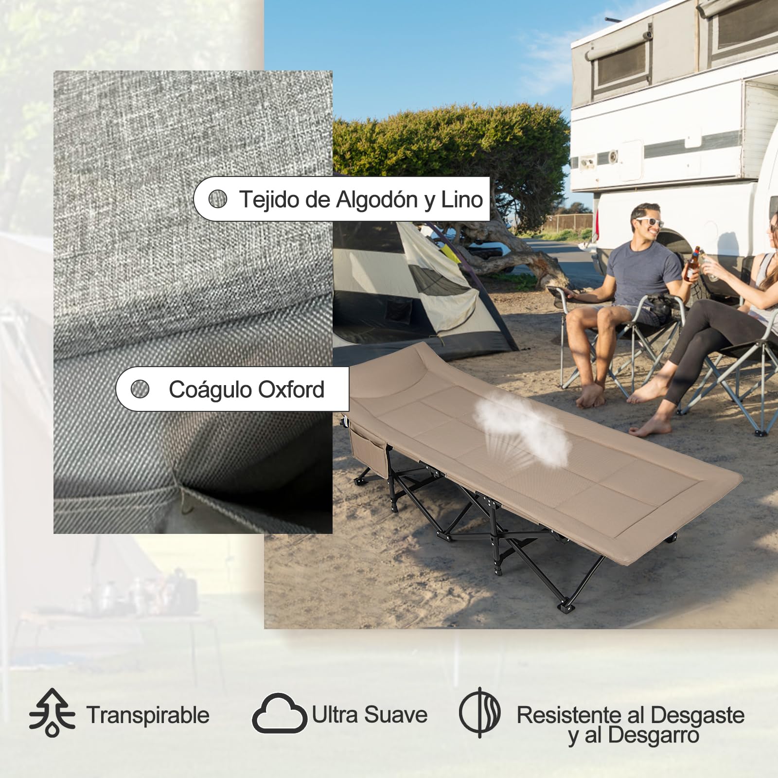 GOPLUS Cama de Camping Plegable, Cama Portátil con Soporte de Metal Sólido, Colchón Cómodo, Bolsa de Transporte, Bolsillo Lateral y Pies Antideslizantes, 190 x 68,5 x 48,5 cm, Carga 200 kg (Caqui)