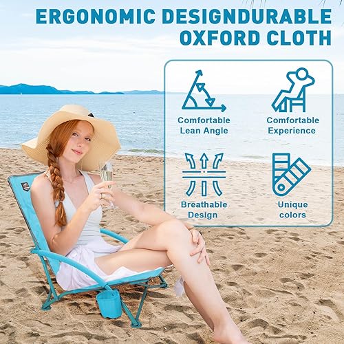 Miniatura 3 de Paquete de 2 sillas bajas de playa, sillas reclinables plegables para adultos, sillas de camping ligeras de asiento bajo con soporte para tazas,