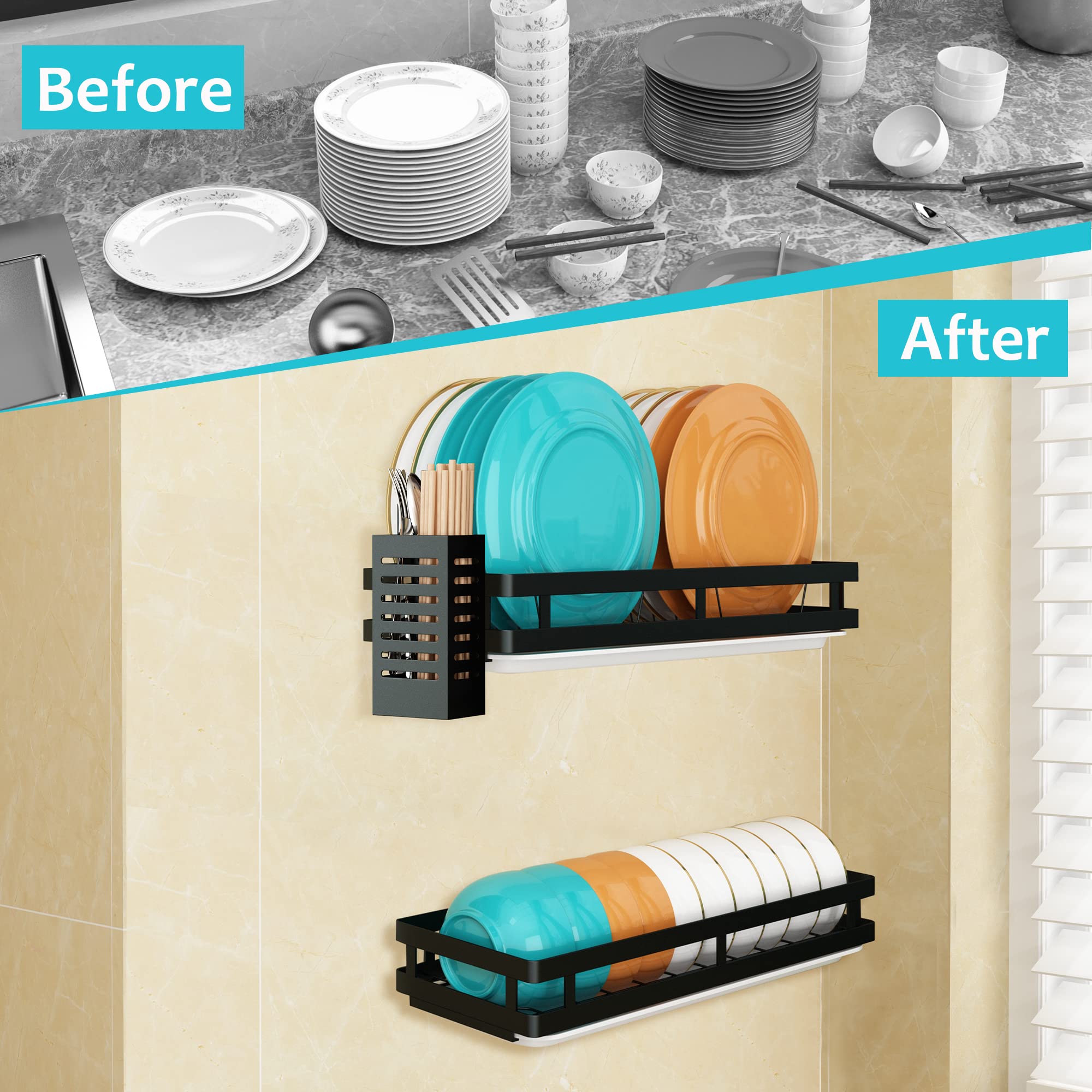 Estante de secado de platos de acero inoxidable montado en la pared, cesta de almacenamiento de frutas y verduras con escurridor (2 niveles)