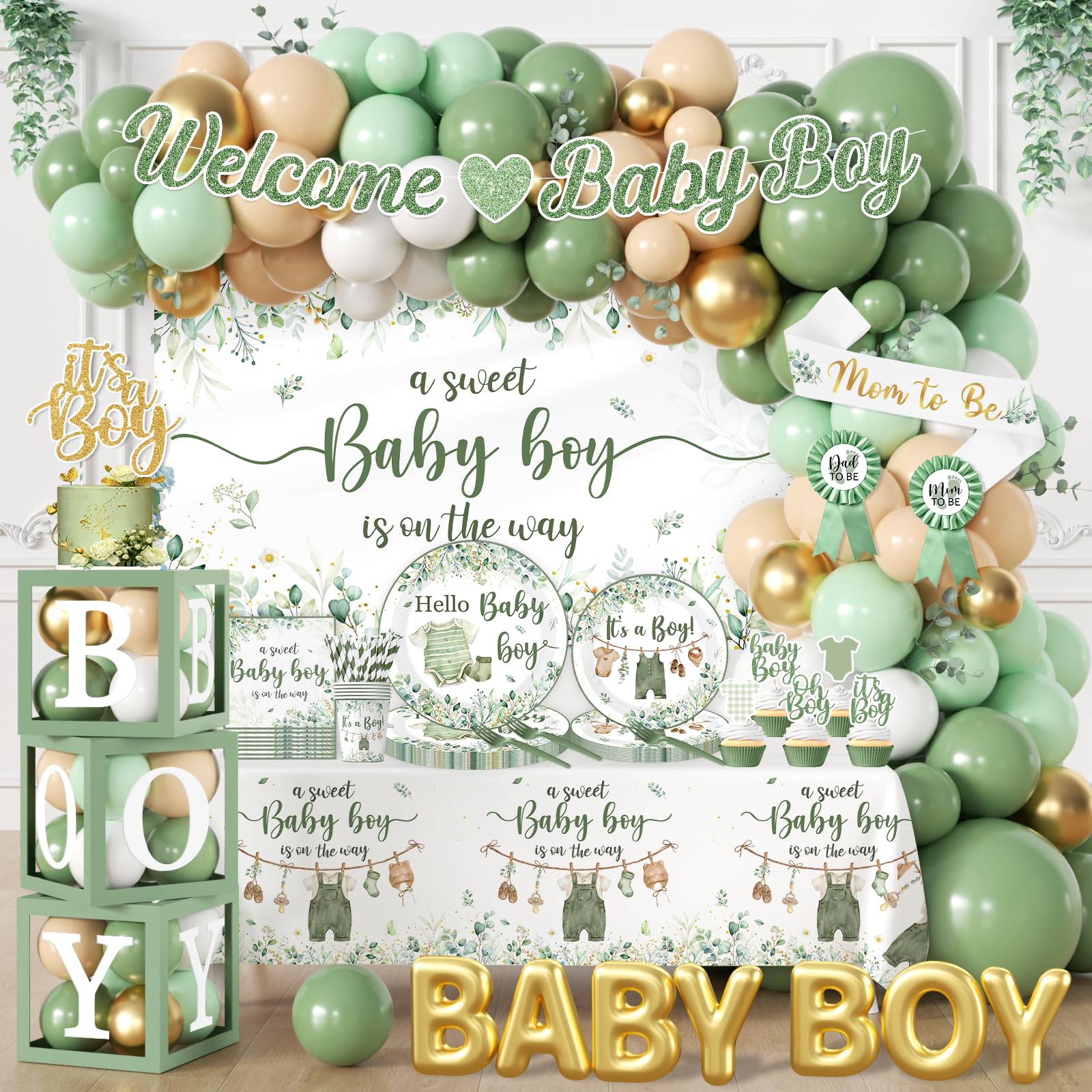 Photo 1 of Baby Boy Shower Decorations,267pcs Baby Shower Decorations Green Plates and Napkins Cups Banner Backdrop Tablecloth Cake Topper Balloon for Sweet Baby Boy Baby Shower Decorations