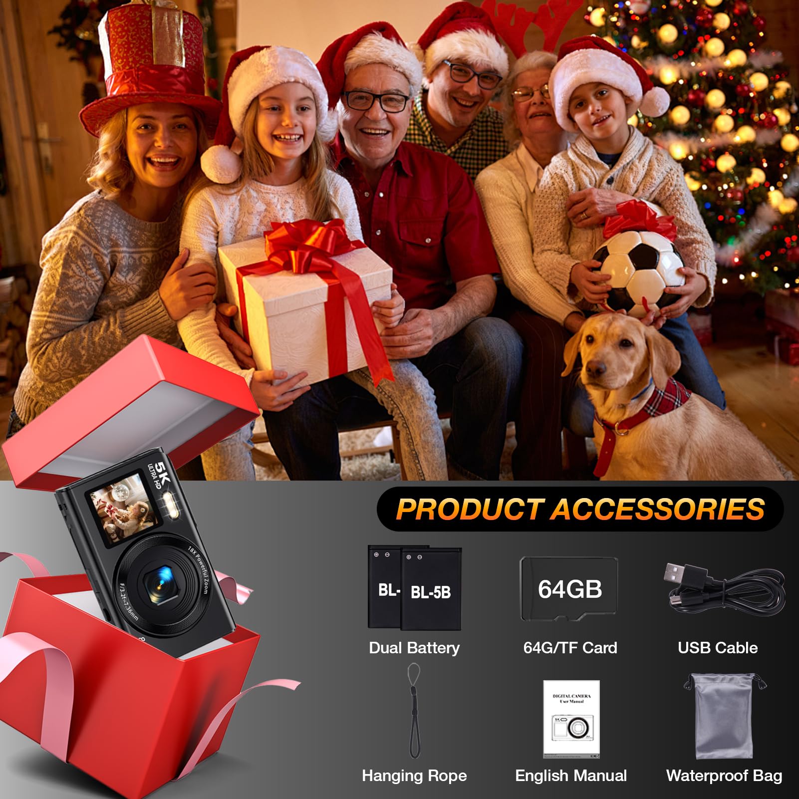 Fotocamera digitale a doppio schermo 5K per Vlogging, fotocamera WiFi da 80 MP con display frontale, zoom 18x, luce di riempimento, include scheda da 64 GB e 2 batterie