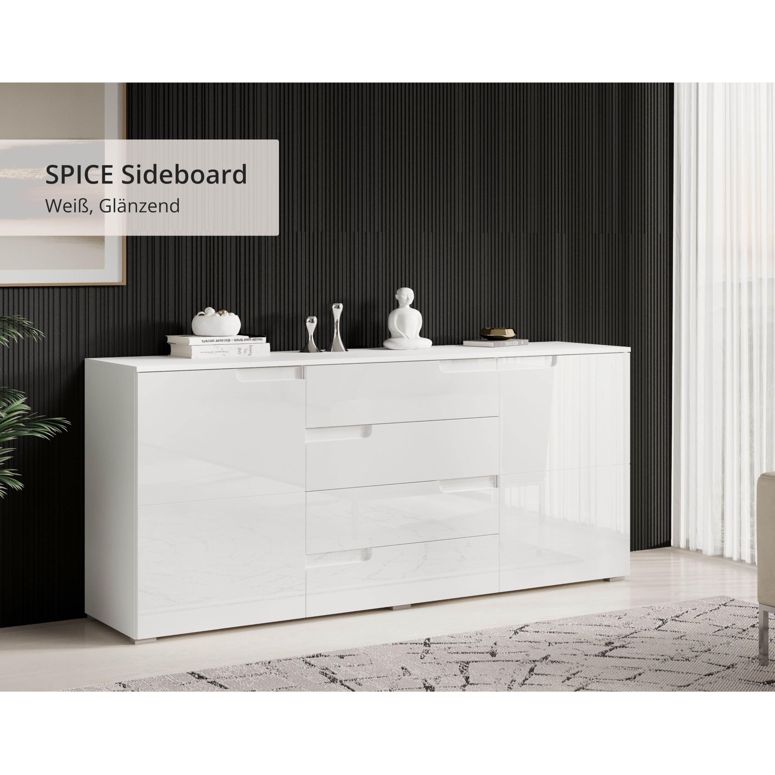Stella Trading SPICE Sideboard in Hochglanz Weiß - Moderne Kommode mit viel Stauraum für Ihren Wohnbereich