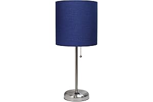 Simple Designs Navy Blue Brushed Steel Stick Table Desk Lamp with Charging...