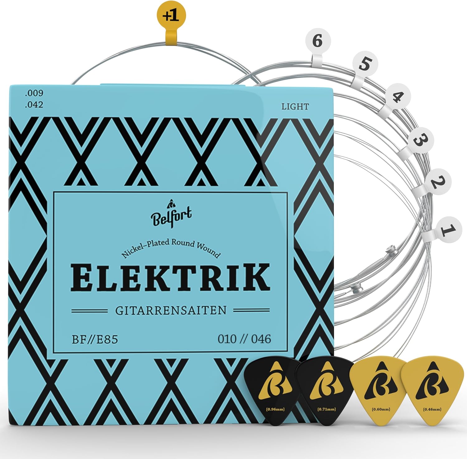 BELFORT® E-Gitarren-Saiten - Erstklassige Nickel-Gitarrensaiten für E-Gitarre (6-Saiten-Set) inkl. 4 Plektren + Extra hohe E-Saite (Gitarre Saiten E-Gitarre, Electric Guitar Strings) E Gitarre Zubehör