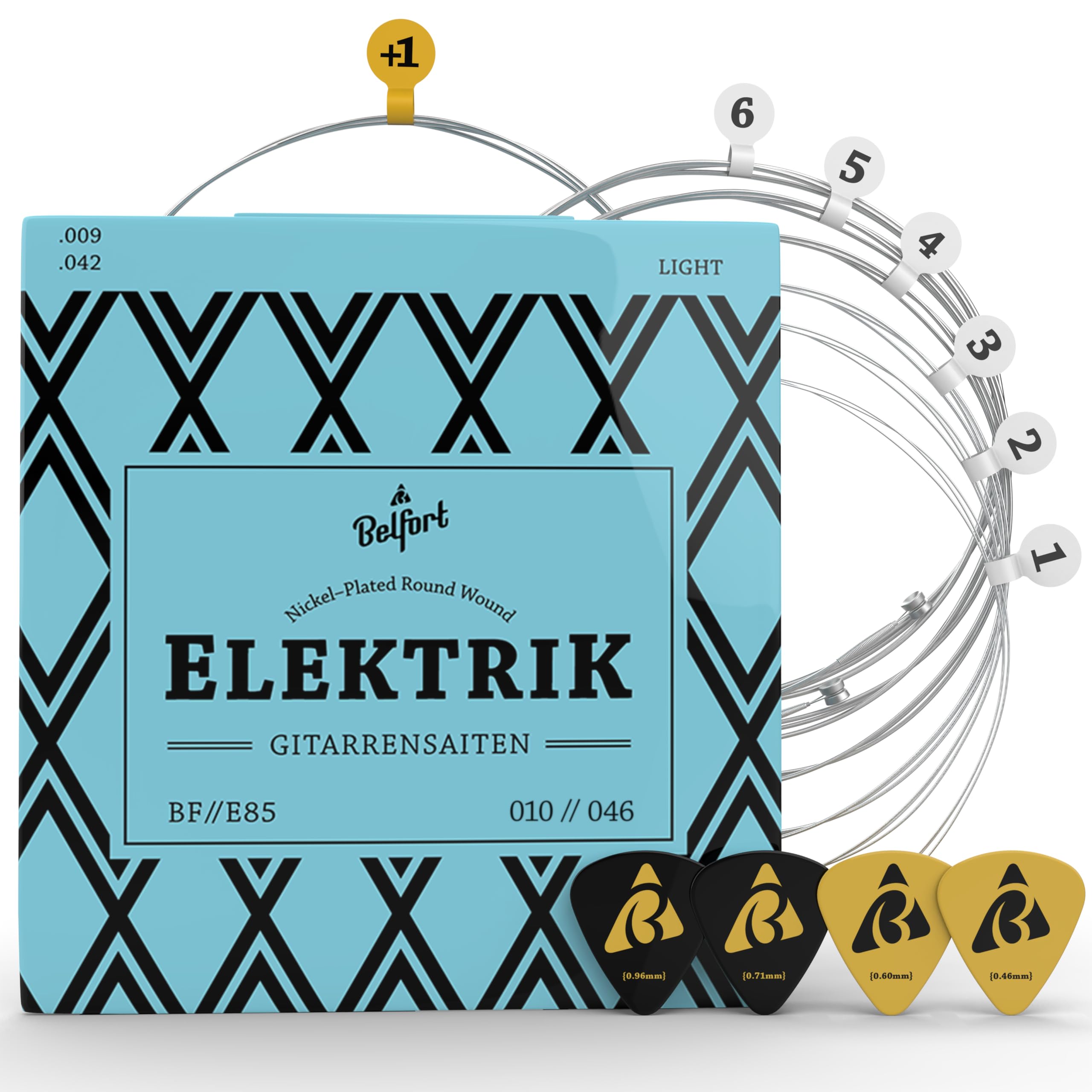 BELFORT® E-Gitarren-Saiten - Erstklassige Nickel-Gitarrensaiten für E-Gitarre (6-Saiten-Set) inkl. 4 Plektren + Extra hohe E-Saite (Gitarre Saiten E-Gitarre, Electric Guitar Strings) E Gitarre Zubehör
