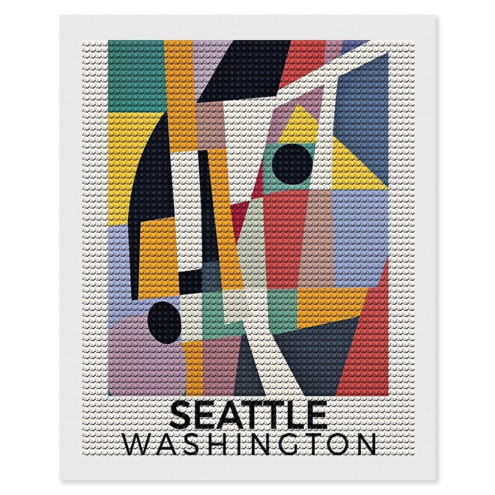 Junmoney Seattle Washington Diamond Painting Set 16"x20", Modern Decor, for Beginners, Printed Canvas, Thoughtful Handmade Gift, with Tool Kit