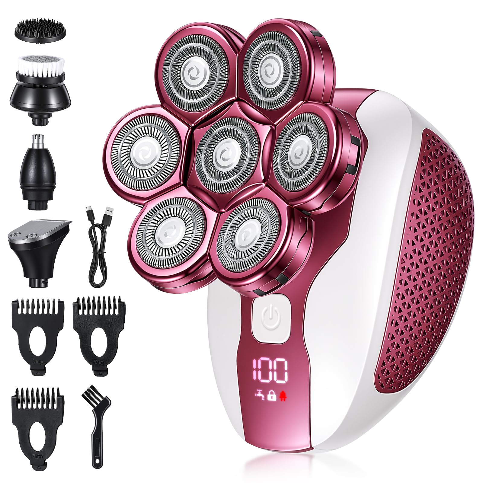 Electric Razor for Women, 7D Facial Hair Removal, 6-in-1 Wet/Dry Bikini Trimmer, Electric Shaver for Women, Rechargeable Face Shaver for Arms Legs Armpit Pubic Area, Painless Womens Grooming Kit Pink