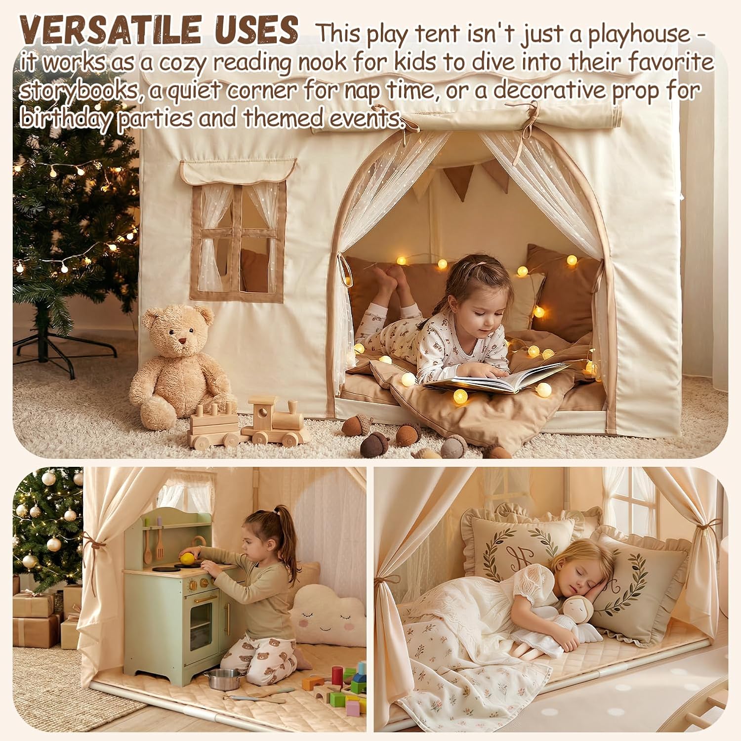 Child playing inside the tent with mat and pillows