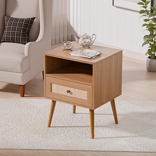 Miniatura 14 de Moderno juego de 2 soportes de mimbre de ratán con cajón y estación de carga, mesa auxiliar de madera para espacios pequeños, mesita de noche de