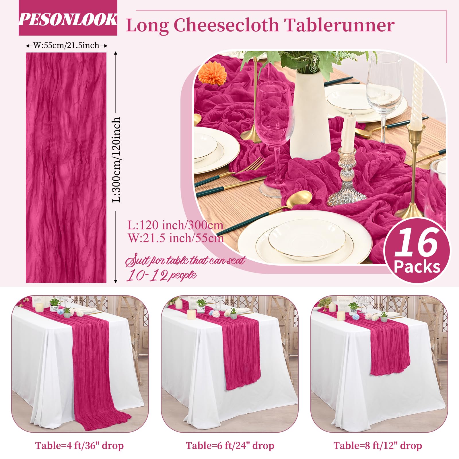 16 Pack Hot Pink Gauze Cheesecloth Table Runner ,10ft Long Gauze Boho Table Runners for Wedding,Bridal Shower,Party,Banquet Decoration-21.5 x 120 Inch - Image 3