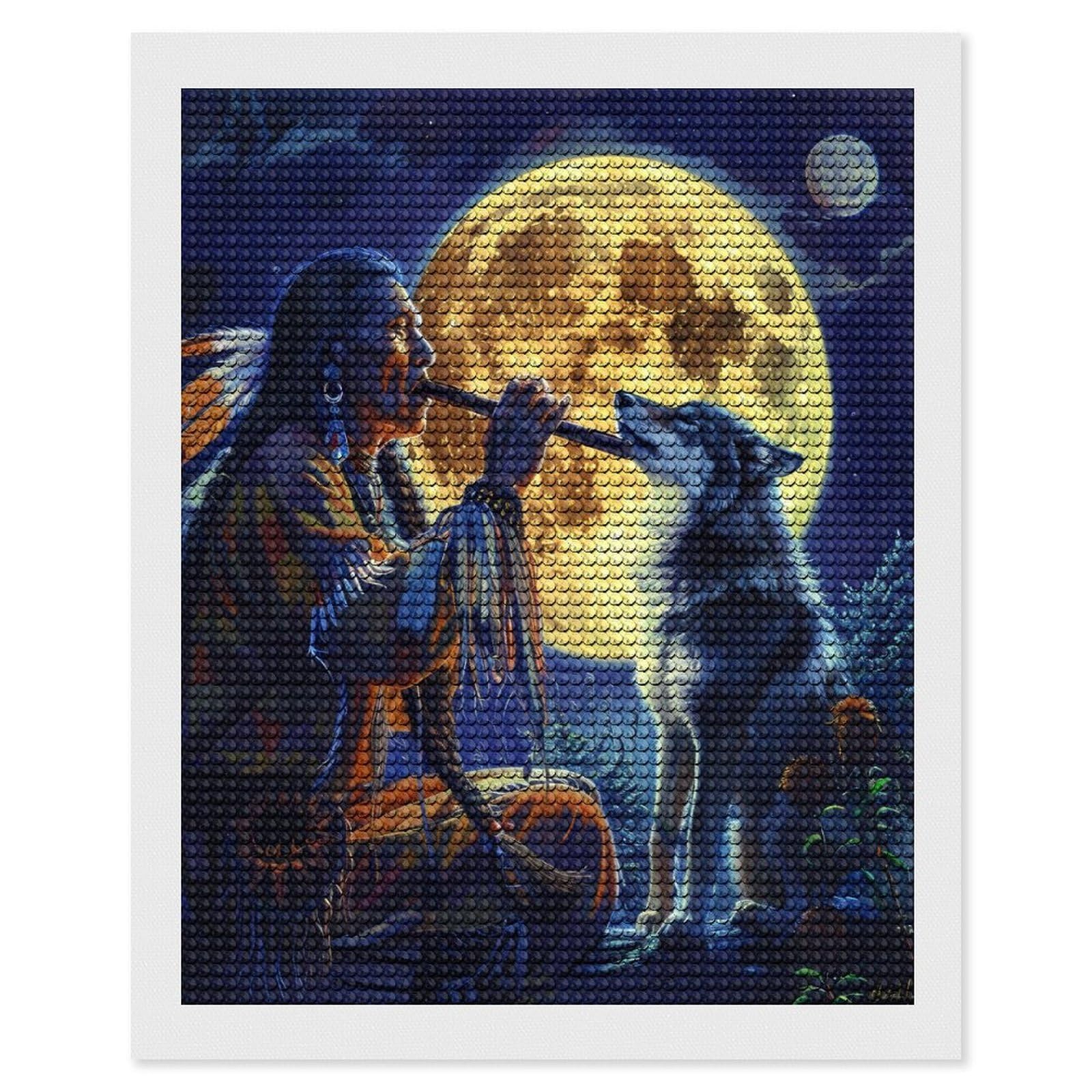 Nclqvjxzkhw Style Tribal Wolf Song Native Am-Ericans Diamond Art Painting For Adult Round Diamonds Pictures Arts Crafts Home Wall Decor 16"X20"