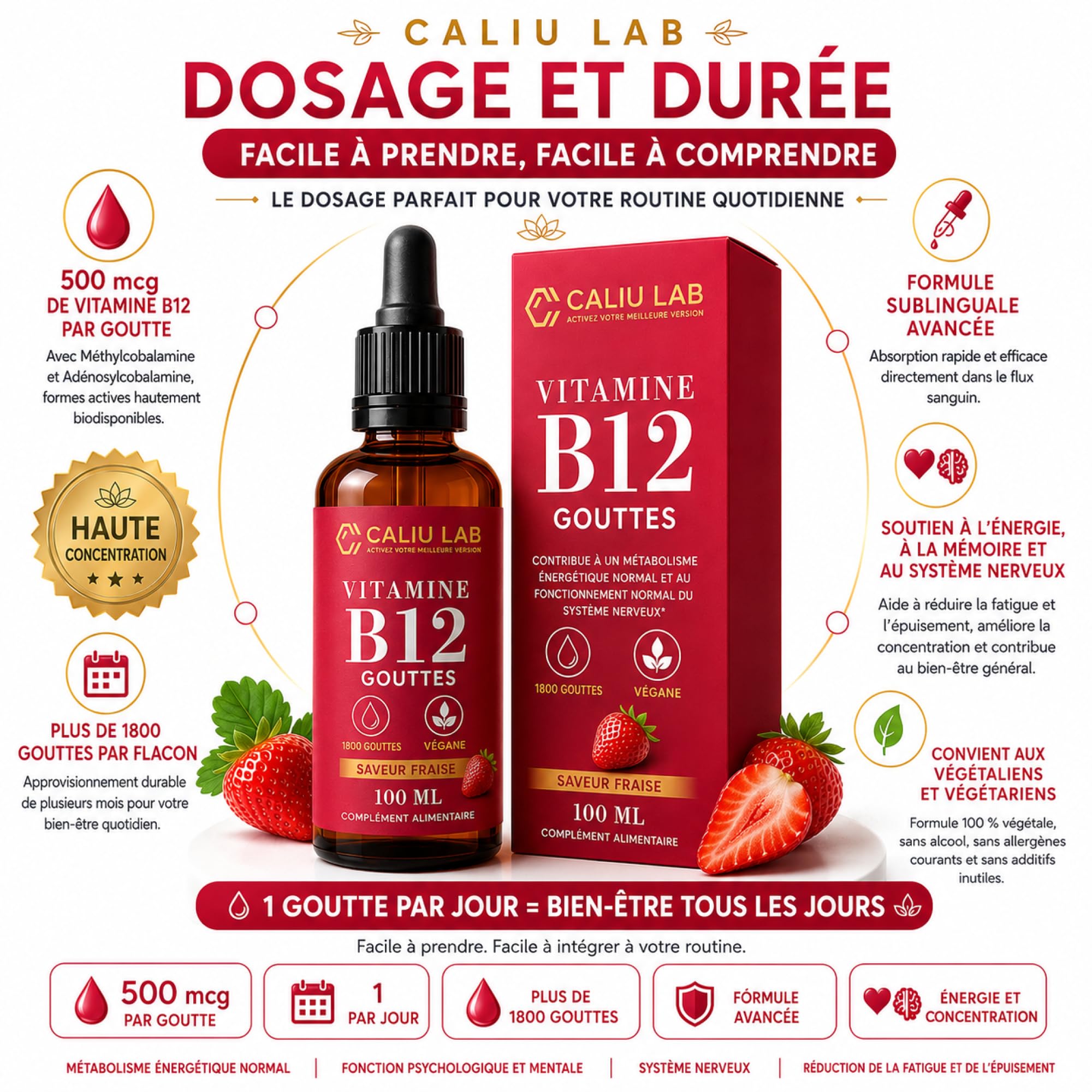 Vitamine B12 Méthylcobalamine Sublinguale | 100 ml Gouttes Liquides | Haute Concentration en Vitamine B12 Active | Complément Alimentaire pour l'Énergie, le Système Nerveux et le Métabolisme