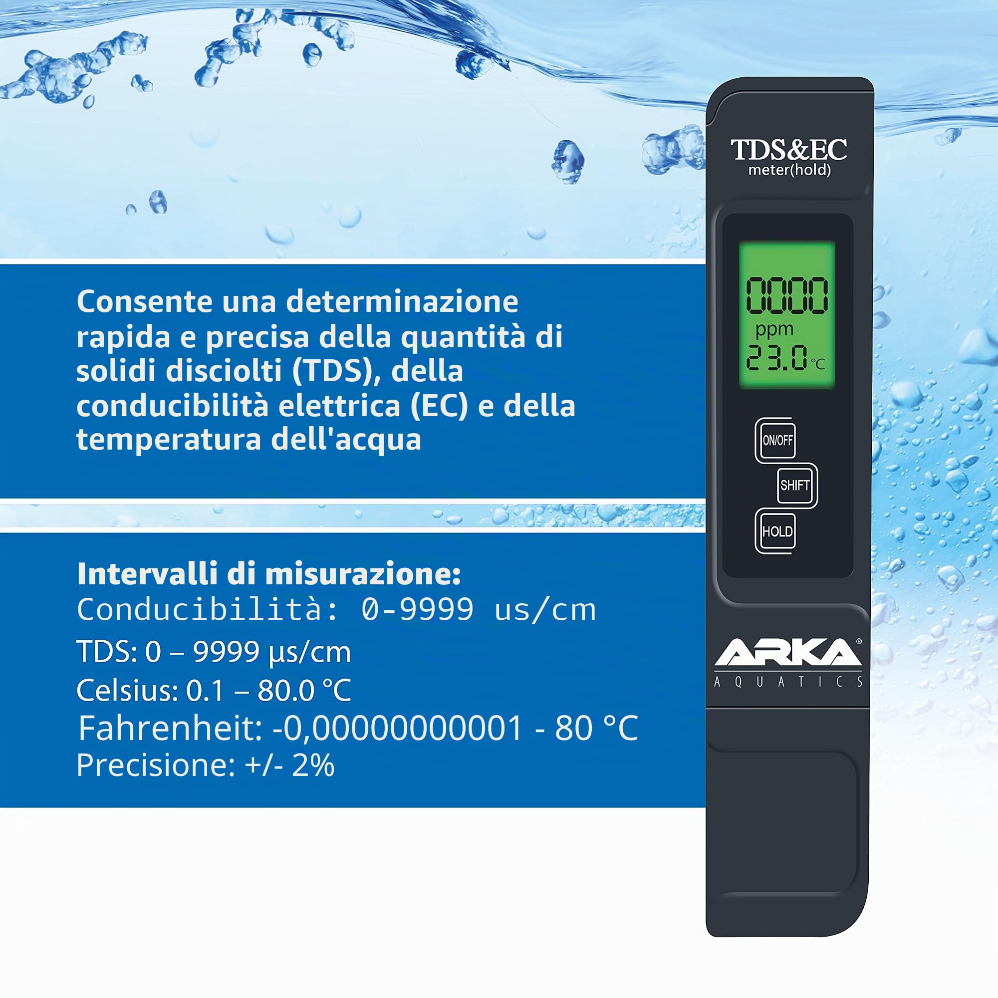 ARKA myAQUA® PH/TDS/EC - Misuratore | Misura PH, TDS, EC e Temperatura dell'Acqua | con Soluzione di calibrazione e Polvere di calibrazione | Ideale per Acquario, Piscina, laghetto e Acqua Potabile