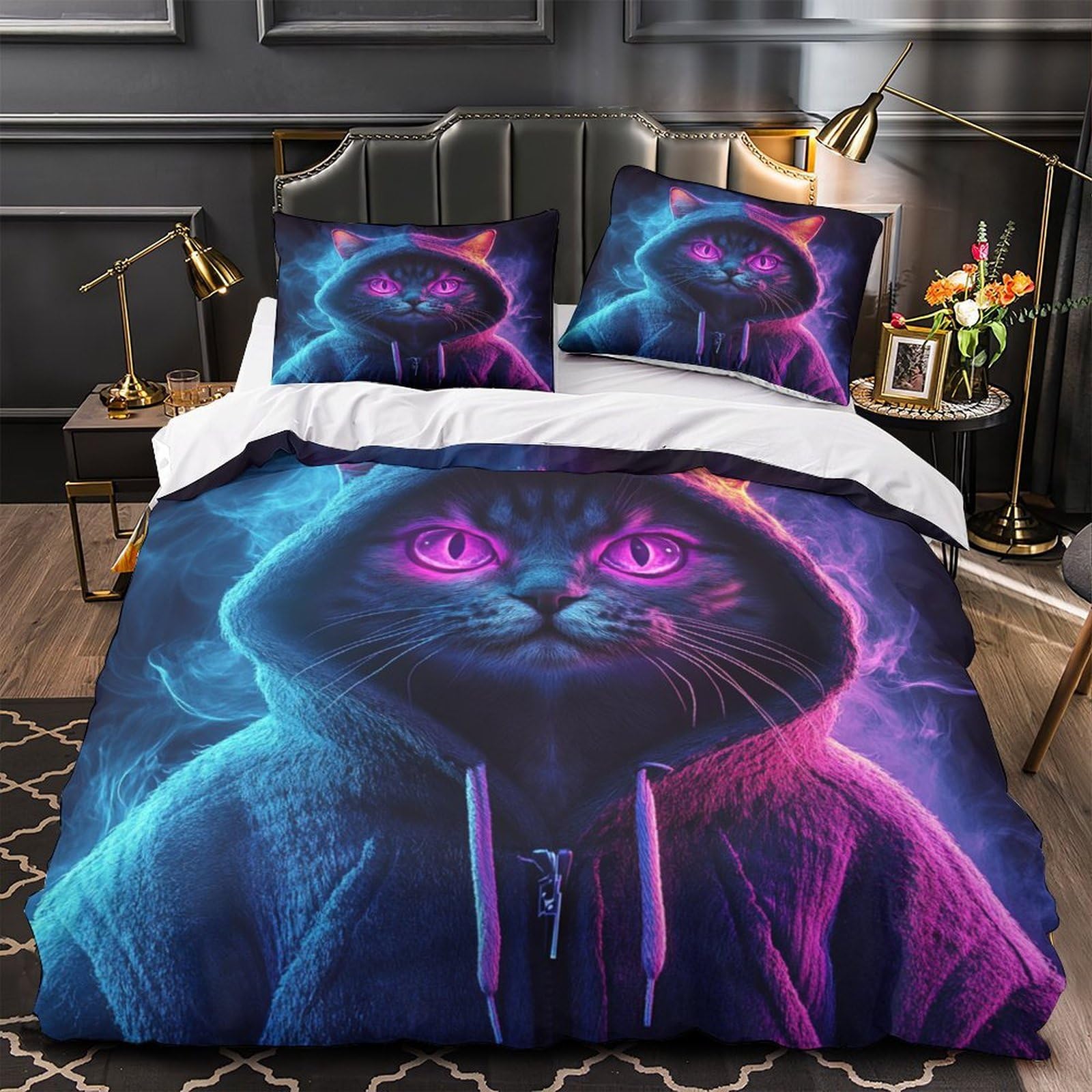 Housse de Couette Chat Fluo En Microfibre Légère Lavable Machine Parure Lit Cyberpunk King