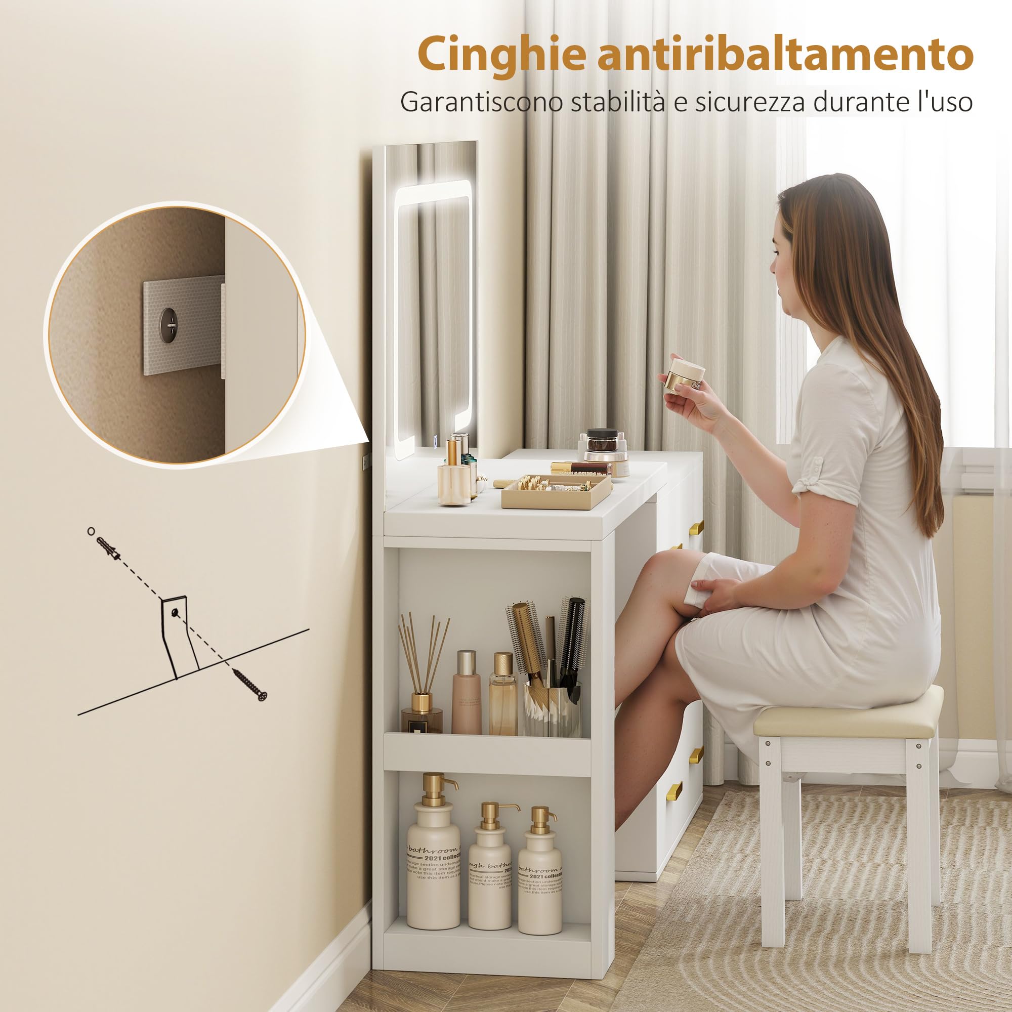 HOMCOM Postazione Trucco con Luci LED 3 Colori a L o Affiancata Bianco | Luminosità Regolabile, Toeletta Trucco, Prese Elettriche, Cassetti Soft Close, Ripiani, Specchio, per Camera da Letto