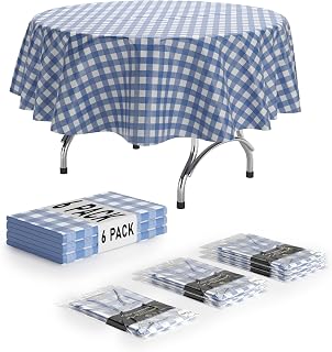 Exquisite Picnic Table Cover - 6 Pack Premium Round Plastic Tablecloth - Dark Blue & White Checkered BBQ Table Cover - Gingham Checkered Disposable Plastic Tablecloth 84 inch. Round
