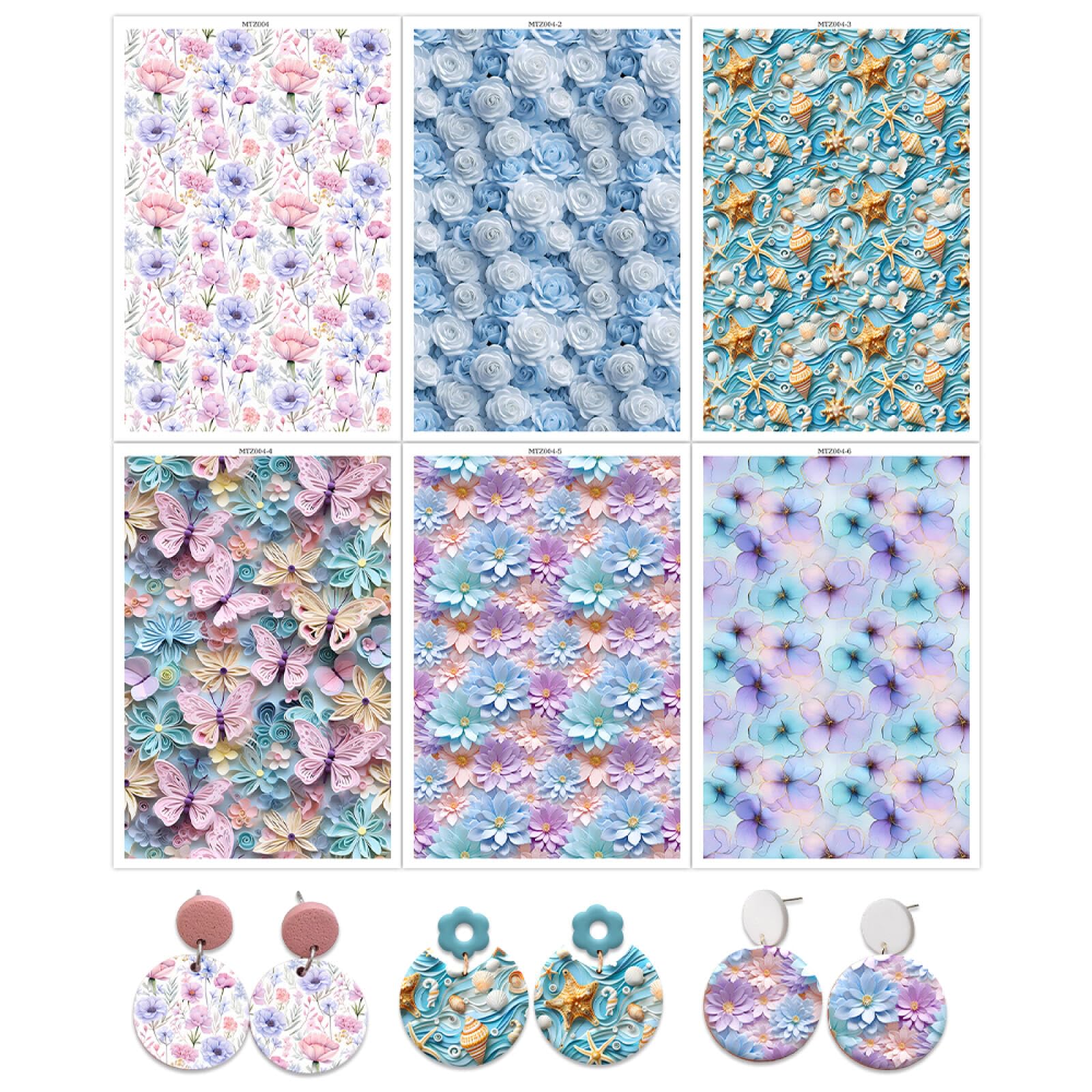 Transferpapier für Polymer-Ton, 3D-Blumenmuster, Rose, Schmetterlinge, Muscheln, Ton-Transferbögen, wasserlösliche Polymer-Ton-Transferblätter für selbstgemachte Schmuckherstellung, Ohrringe, 14 x 8