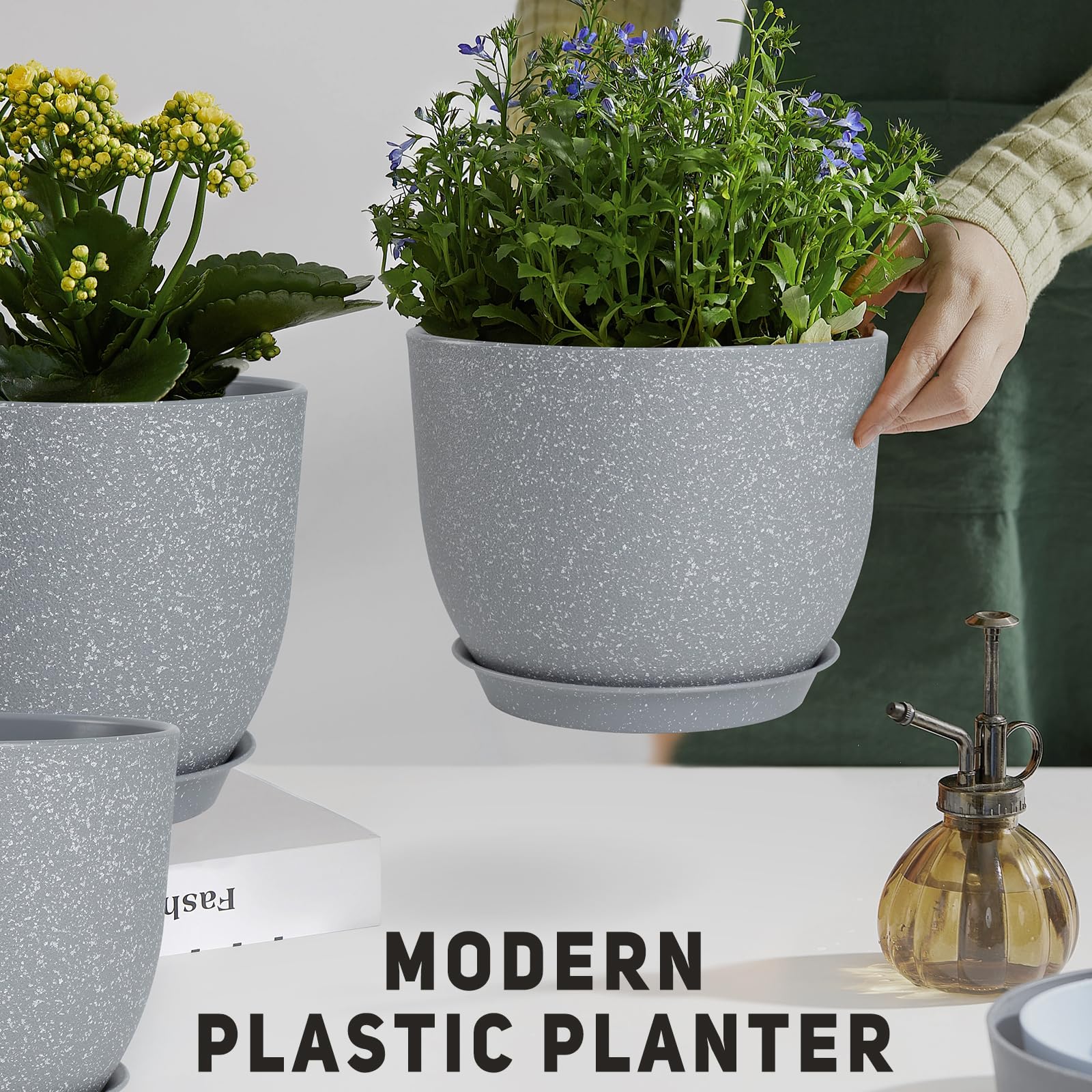 YNNICO Set di 3 vasi per piante da 30 cm, 25 cm, 22 cm, 22 cm, vasi da fiori con fori di drenaggio multirete, grandi fioriere per piante e fiori da giardino per interni ed esterni (grigio)