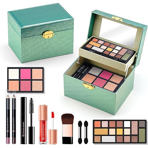 Makeup Kit For Teens Girls With Recyclable And Key-Lockable Cabinet Included 17-Colors Eyeshadows Blushes Bronzer Highlighter Lipstick Brushes Mirror(Green)