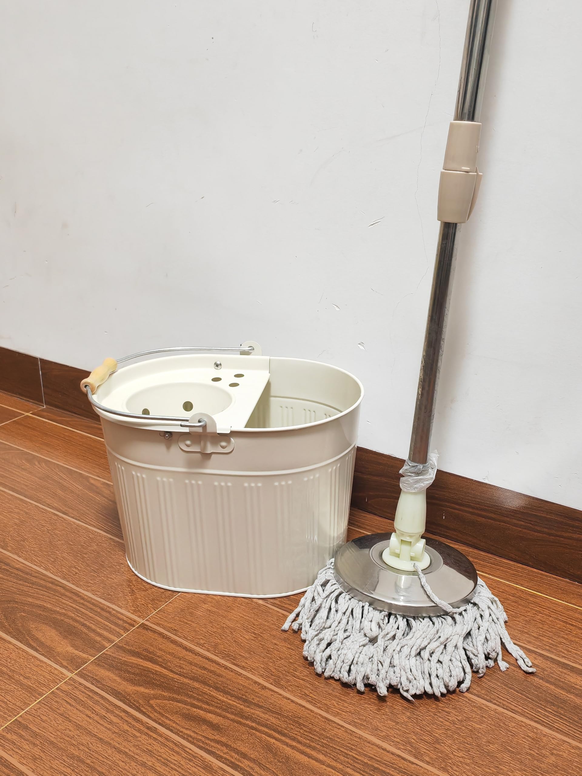 Cubo de acero galvanizado para fregona de 13 litros, grande, industrial, reforzado, resistente, de acero para limpieza general en casa y oficina (blanco roto)