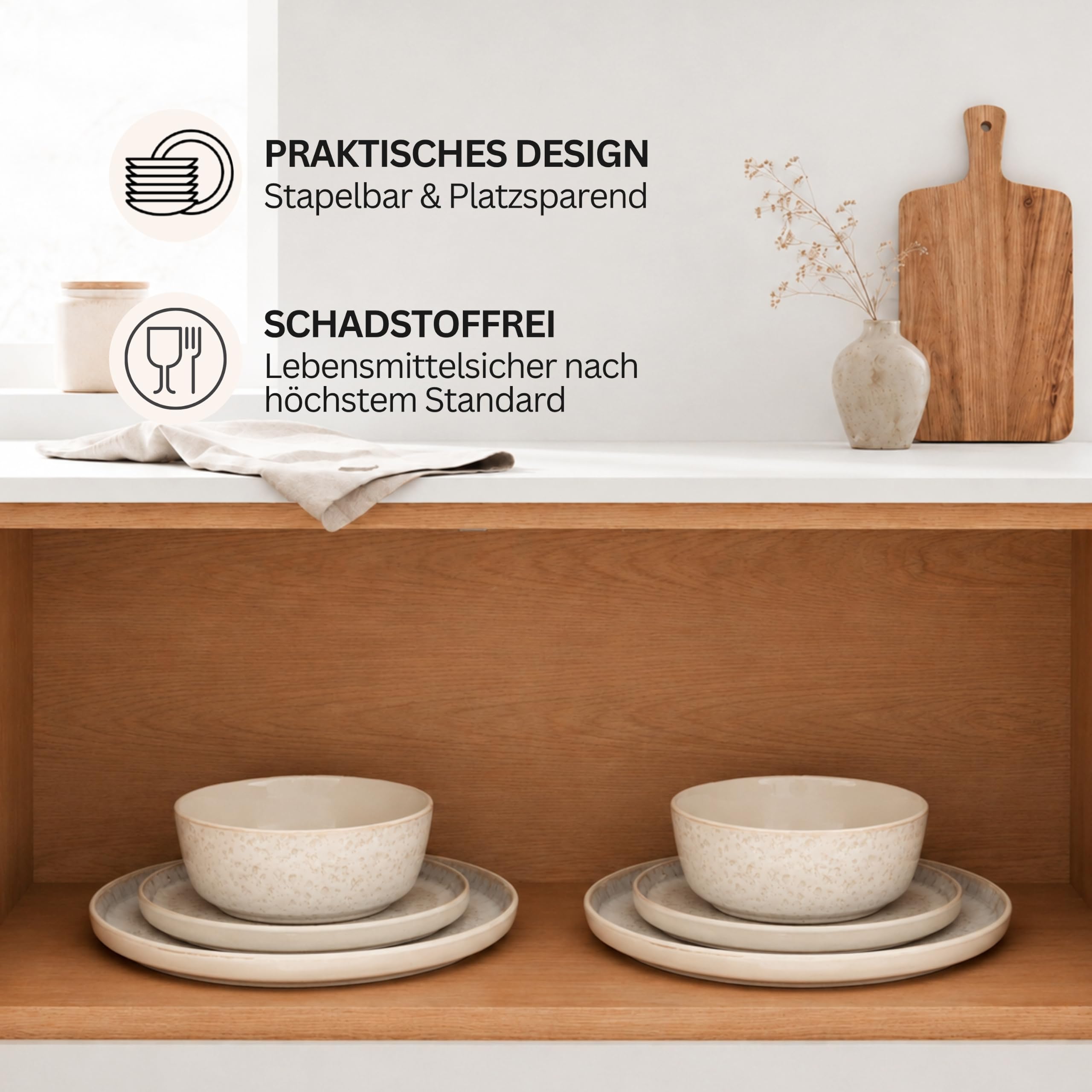 SÄNGER Key West | Steingut Geschirr Set 24 tlg, Teller Set 6 Personen, 6x Speiseteller, Müslischalen, Dessertteller, Pastaschalen, Tafelservice Creme Farben mit Sandiger Maserung | VALUE COLLECTION