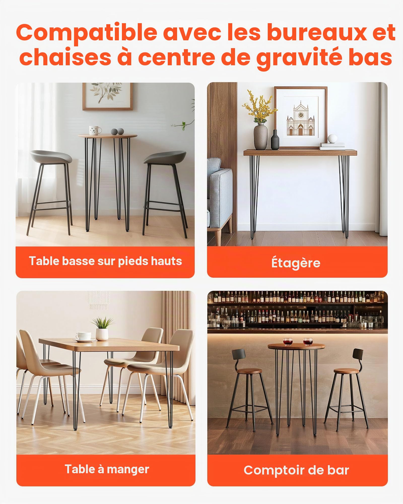VEVOR Lot de 4 Pieds de Table en épingle à Cheveux, Noir, capacité de 99,8 kg chacun, Pieds de Bureau en épingle à Cheveux, 3 tiges pour Banc, Bureau, Salle à Manger, chaises en Acier au Carbone,