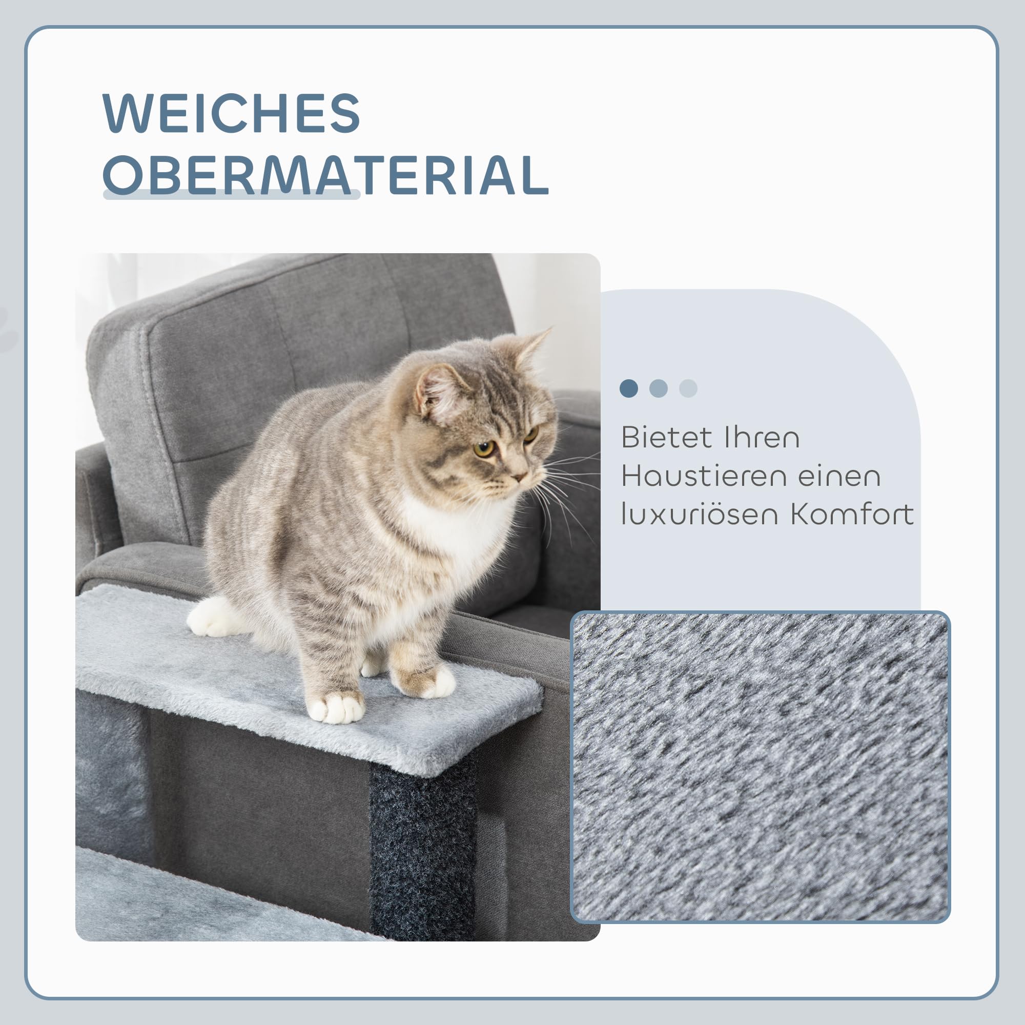 PawHut Katzentreppe 4-stufige Haustiertreppe mit Kratzsäulen Ball Hundetreppe Tiertreppe für Katzen Plüsch Jute Grau 60 x 40 x 64 cm