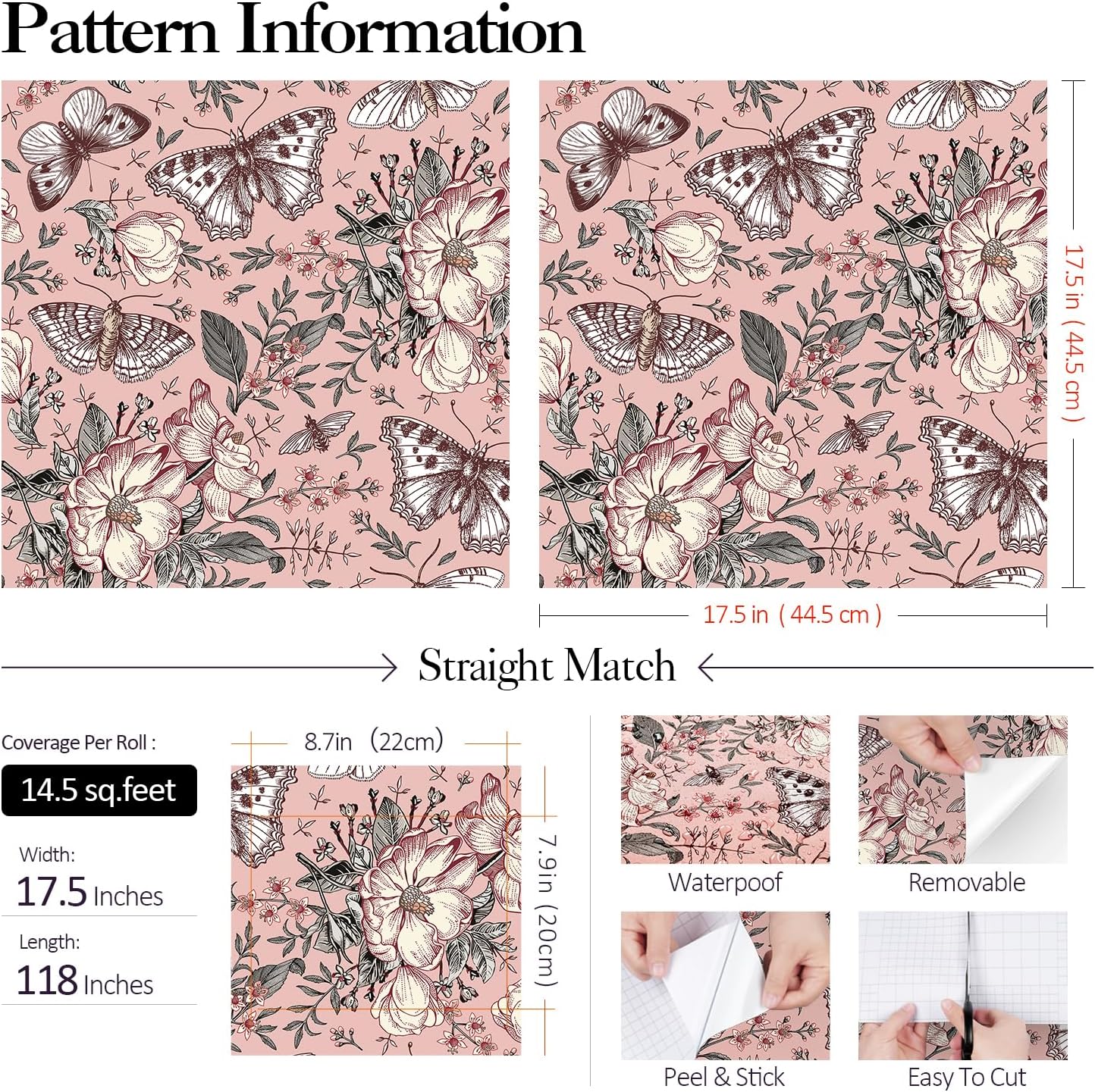 FunStick Pink Floral Wallpaper Peel and Stick Botanical Garden Wildflower Butterfly Wall Paper for Girls Bedroom Nursery Removable Pink Butterflies Floral Contact Paper for Walls Cabinets 17.5"x118"