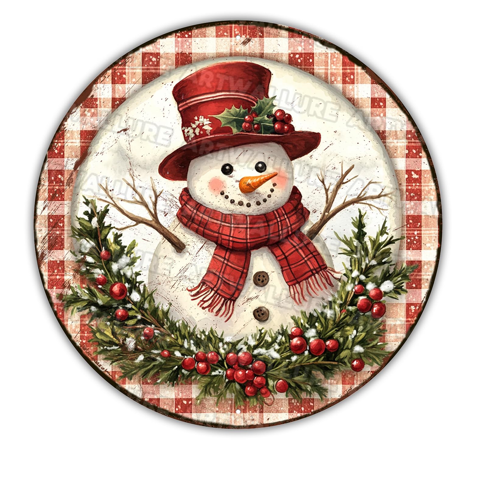 Vintage Snowman Wreath Sign Round Metal Christmas Decor for Front Door, Porch and Fireplace Mantle 12x12Inch