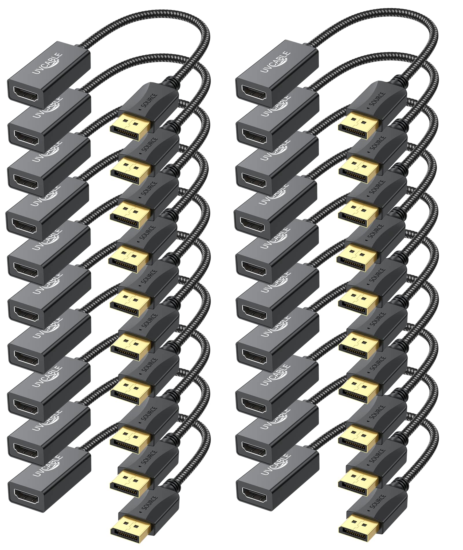 Lot de 20 adaptateurs DisplayPort vers HDMI, DisplayPort DP vers HDMI mâle vers femelle compatible avec ordinateur, moniteur, TV, projecteur (20, noir)