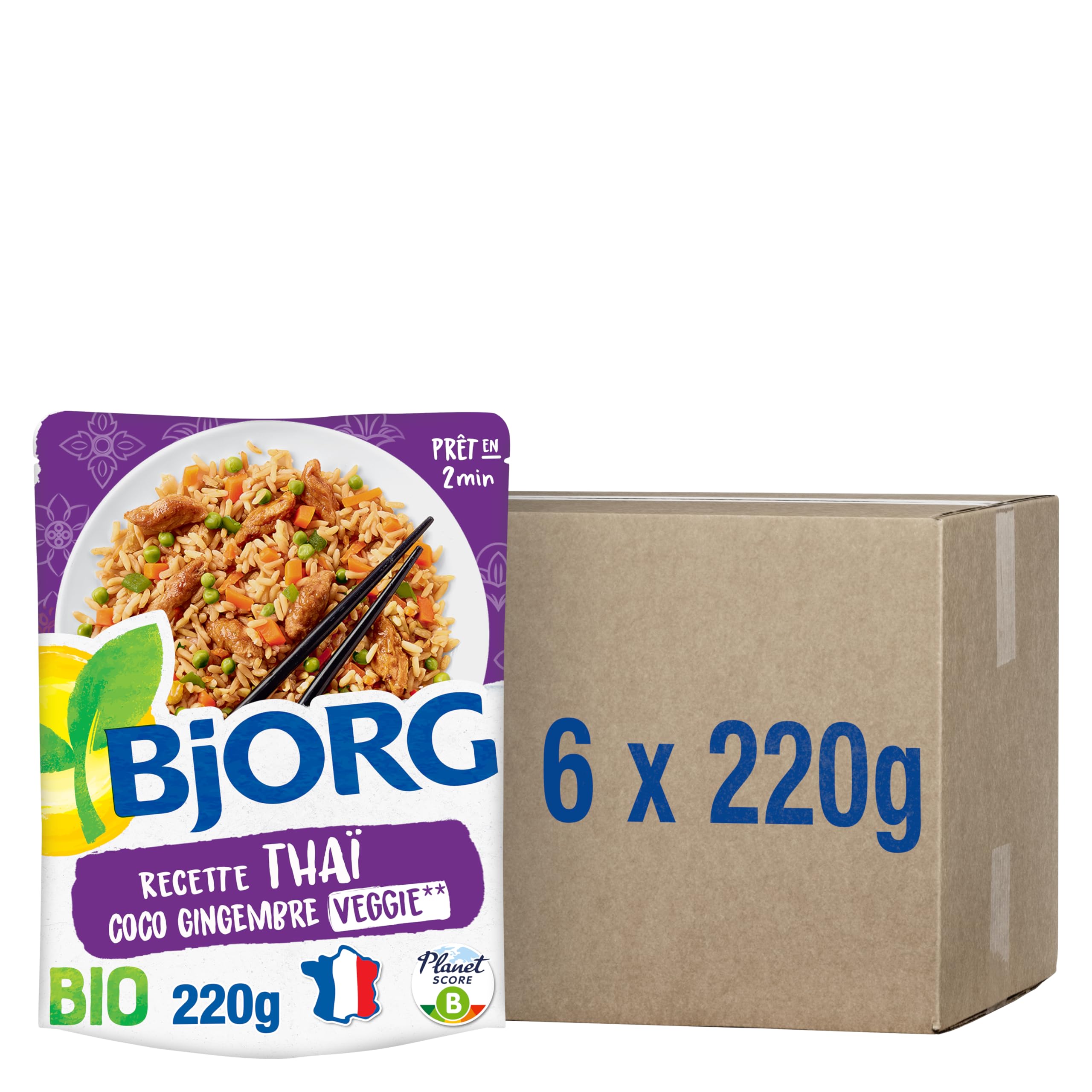 BJORG - Plat Cuisiné Veggie - Thaï Riz Coco Gingembre Veggie - Bio - 220 g | Plat préparé Végétarien - 100% Végétal - Prêt en 2 min - Source de Protéines - Doypack Micro-ondable