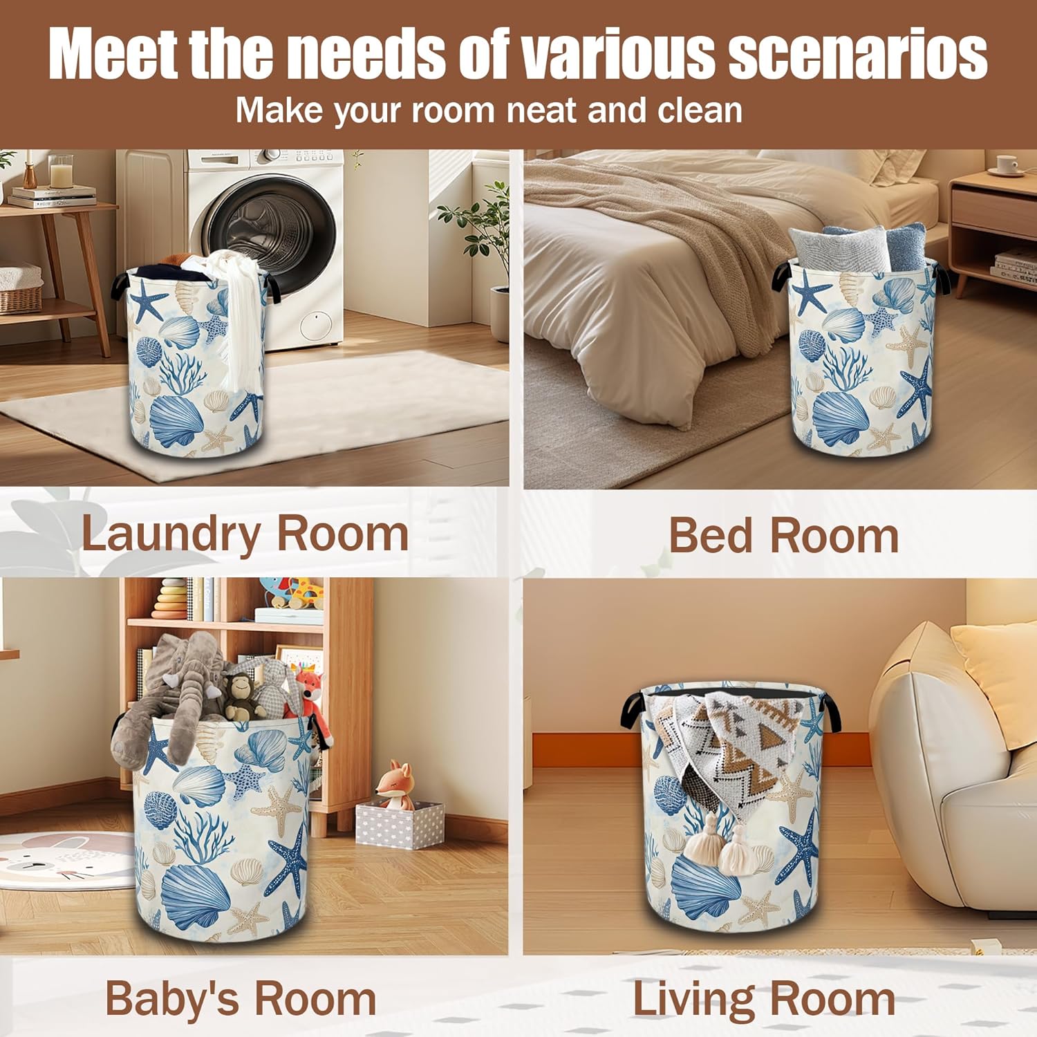 Coastal Beach Laundry Basket,Shell Starfish Coral Laundry Hamper Waterproof Oxford Cloth Tote Collapsible,Clothes Storage Bucket Decorative Toy Organizer For Bathroom Bedroom 16" x 20.8"