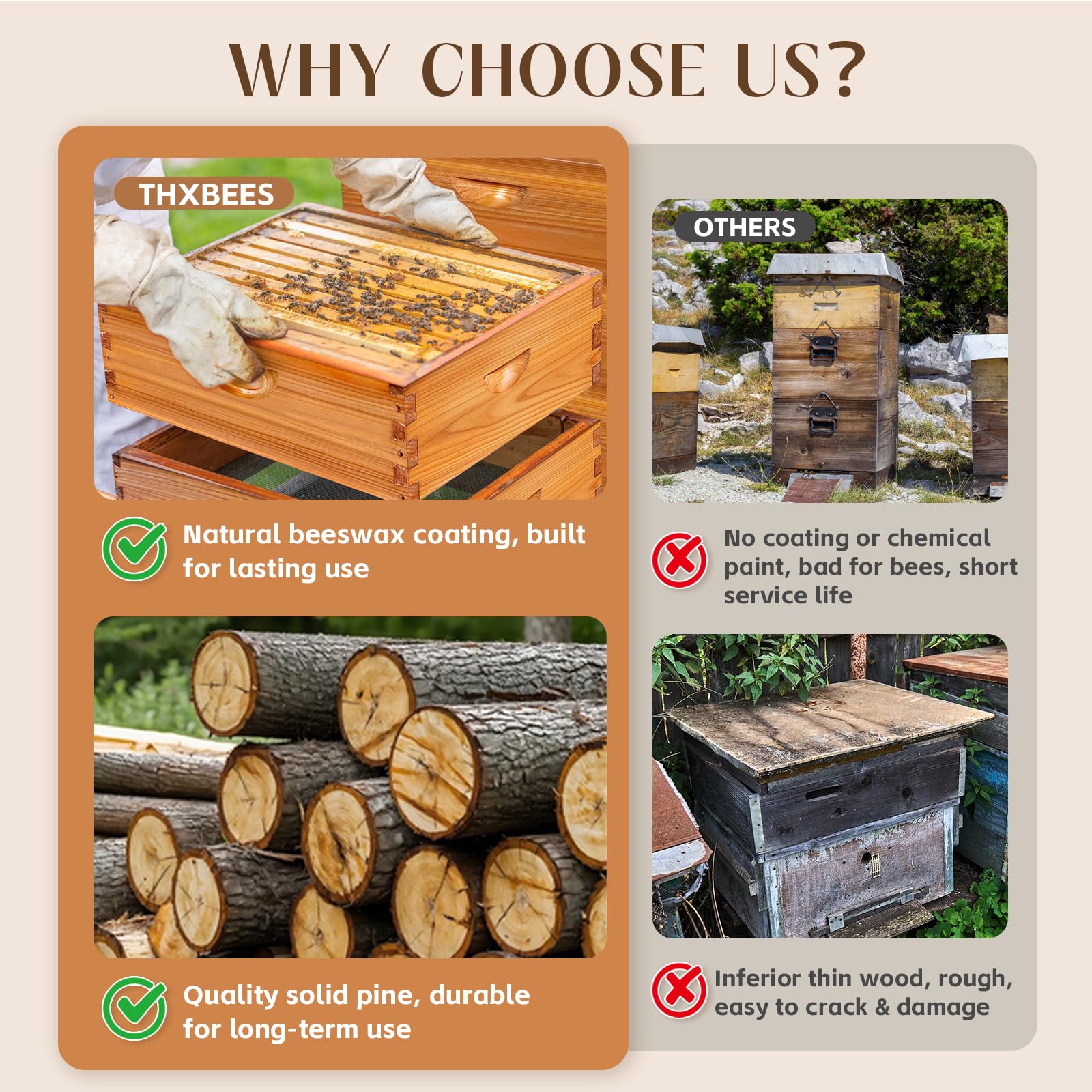 Bee Boxes and Frames Langstroth Lot de 10 cadres profonds trempés dans de la cire d'abeille 100 % cire d'abeille avec cadre et feuille de fond de teint enduite de cire d'abeille