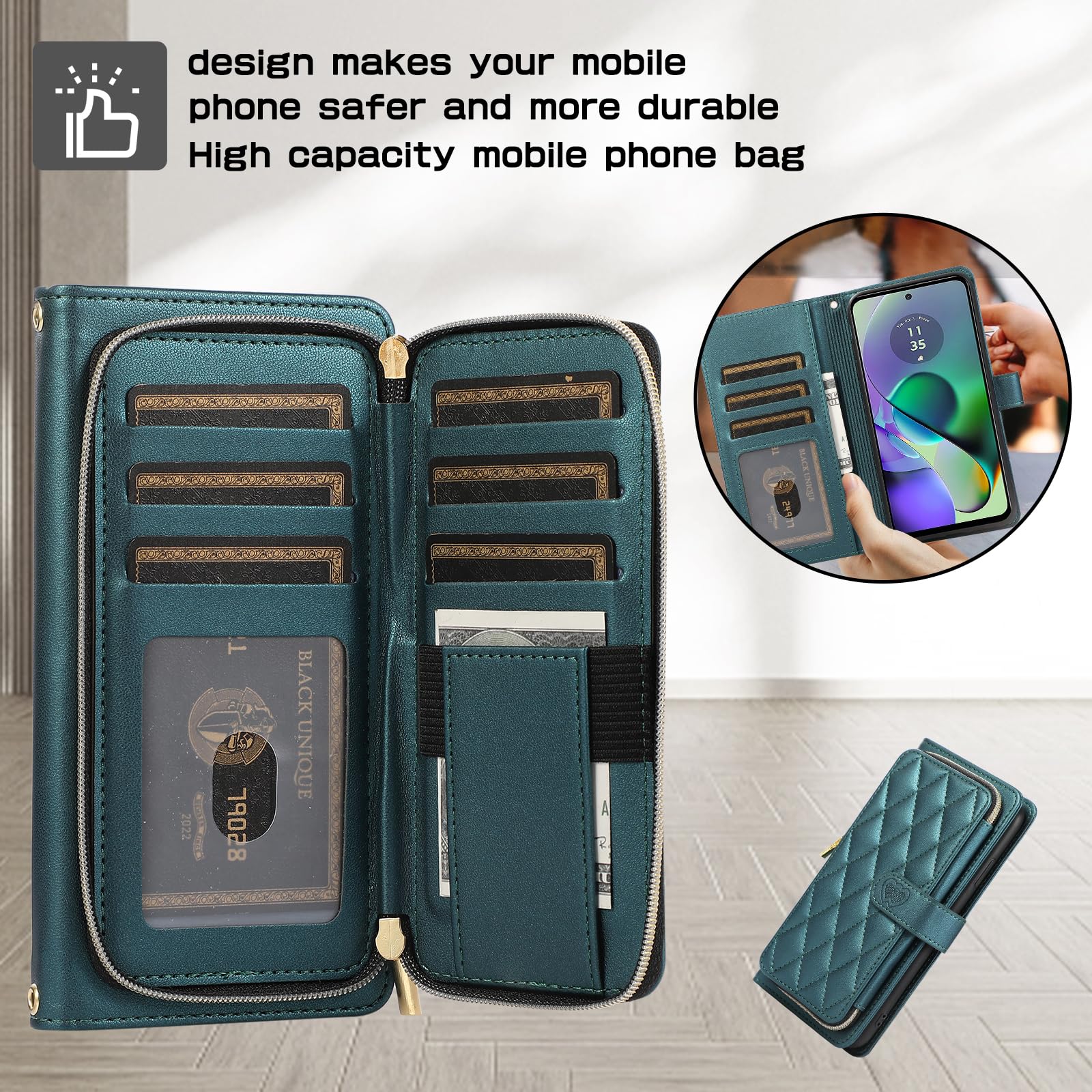 ELISORLI Wallet Case for Motorola Moto G54 5G with Detachable Wrist Strap Crossbody Shoulder Strap 9 Card Slots Zipper Purse Luxury PU Leather Stand Accessories Phone Cover for G 54 2023 Girls Black - Image 3