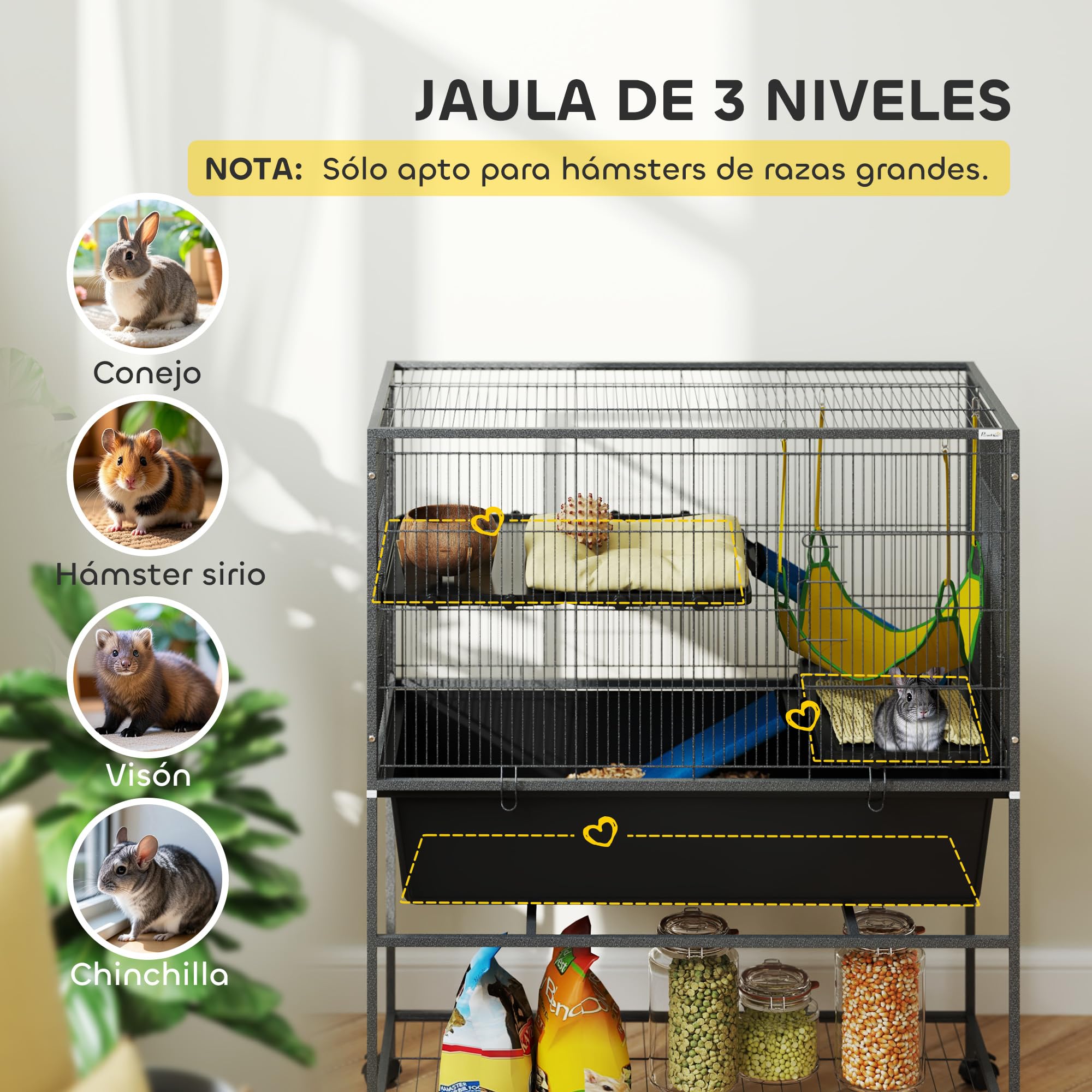 PawHut Jaula Grande para Hurones de 3 Niveles Jaula para Conejos con Ruedas Rampas Hamaca y Bandeja Extraíble Jaula para Animales Pequeños Roedores Chinchillas 88x48x102 cm Gris Oscuro
