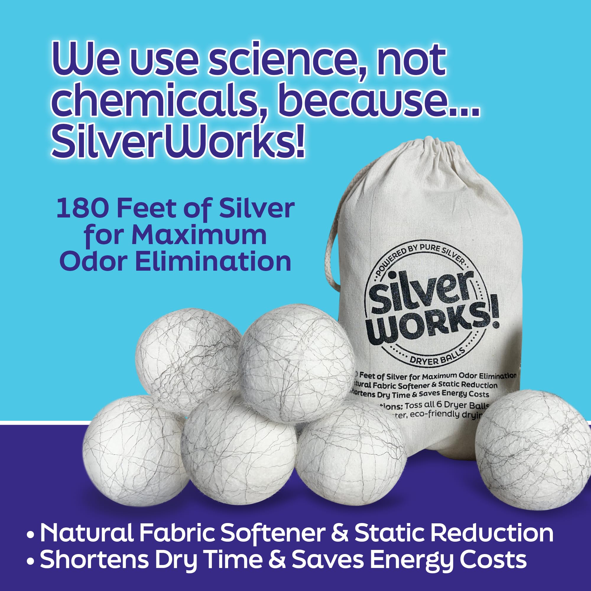 SilverWorks! Bolas de lana para secadora reutilizables para lavandería, eliminadoras de olores, bolas de lavandería con tecnología plateada, suavizante de tela natural y reductor estático, reduce el 2
