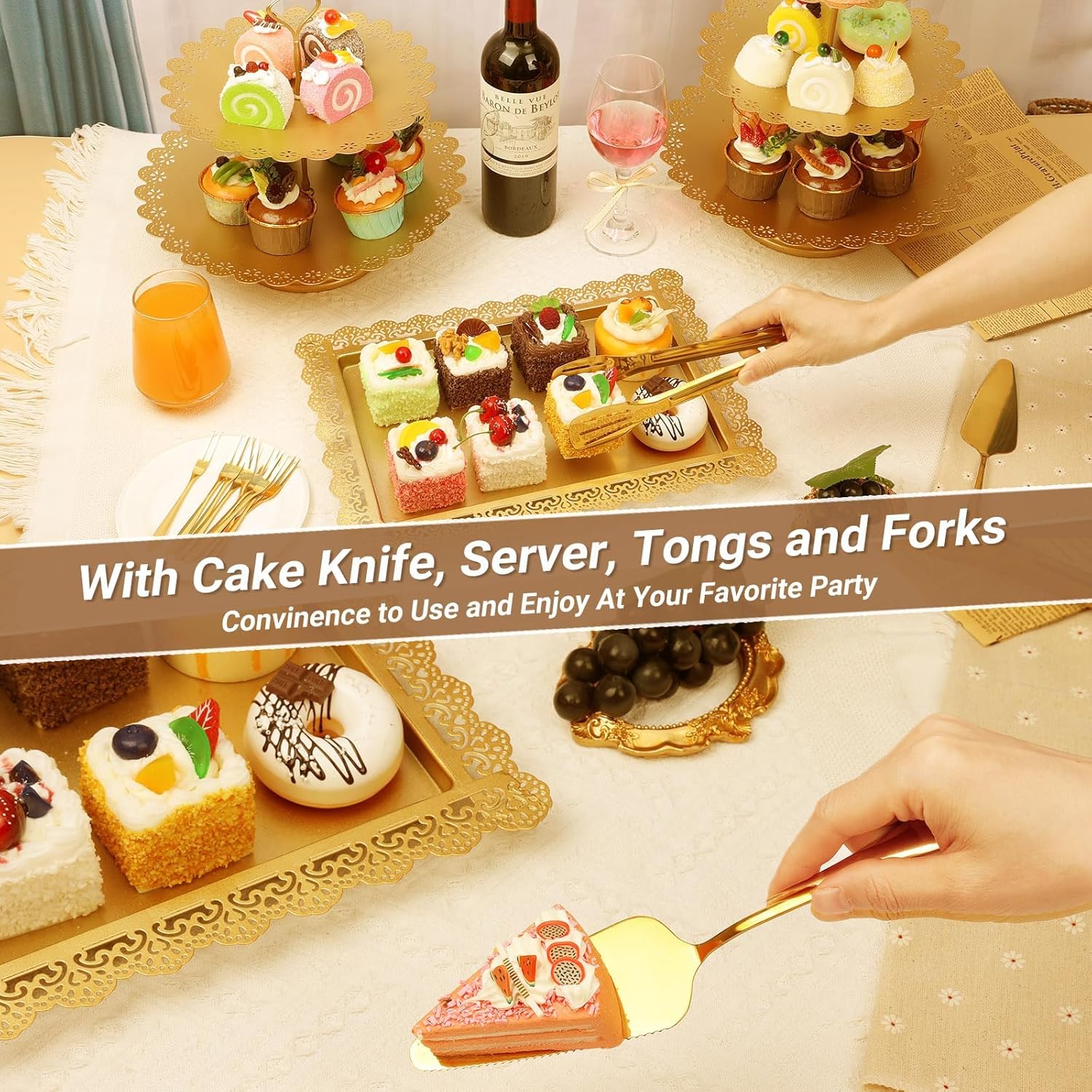 Cupcake Stand Set, Dessert Table Display Set Gold Metal Cake Stands with Tiered Tray Stands Cake Platter Cake Knife and Server Set for Party, Candy Table Display Set for Wedding Birthday Baby Shower