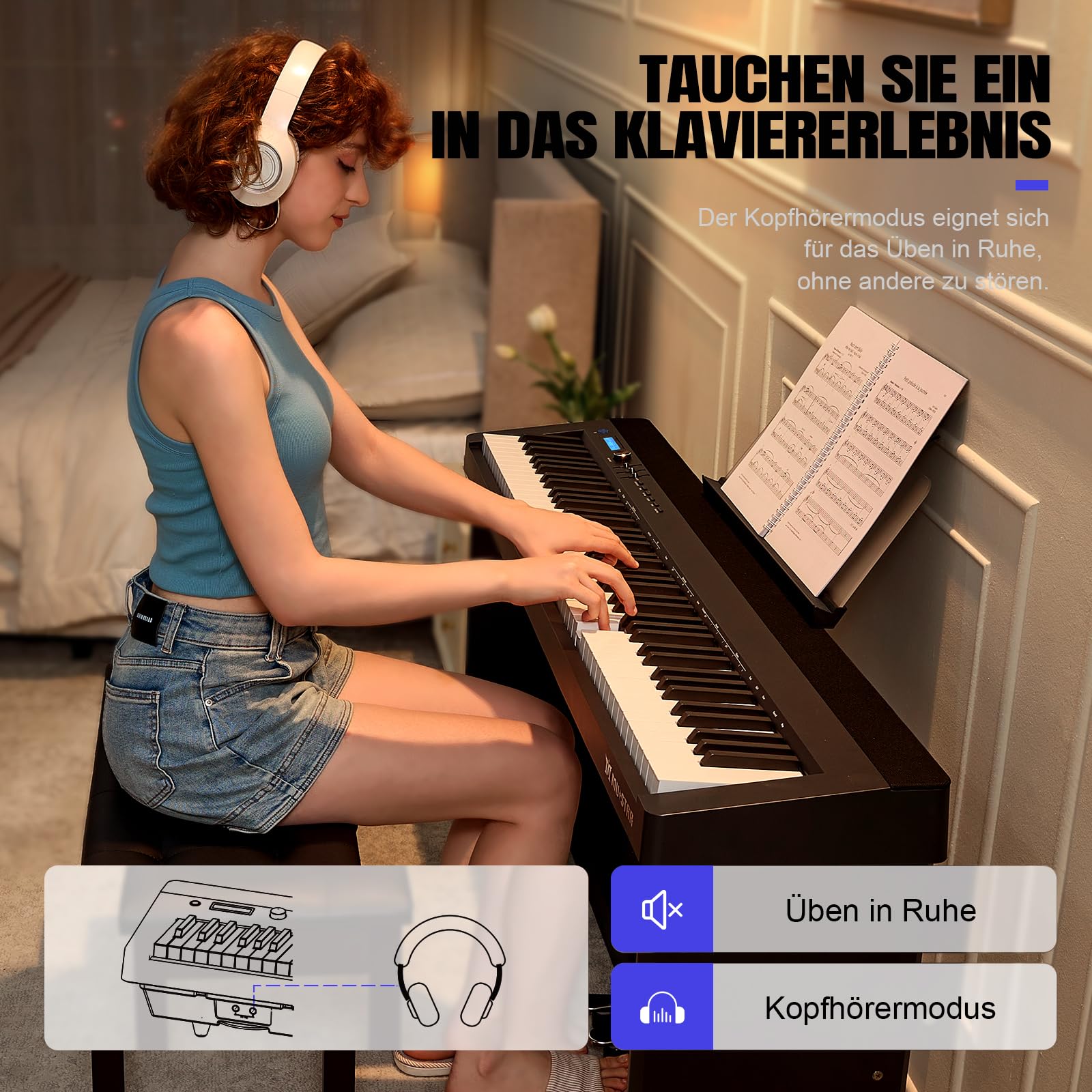 MUSTAR Piano digital de 88 teclas con mecanismo de martillo, piano clásico profesional, función dual y transpose, 3 pedales, soporte para piano, altavoz, USB/MIDI, negro