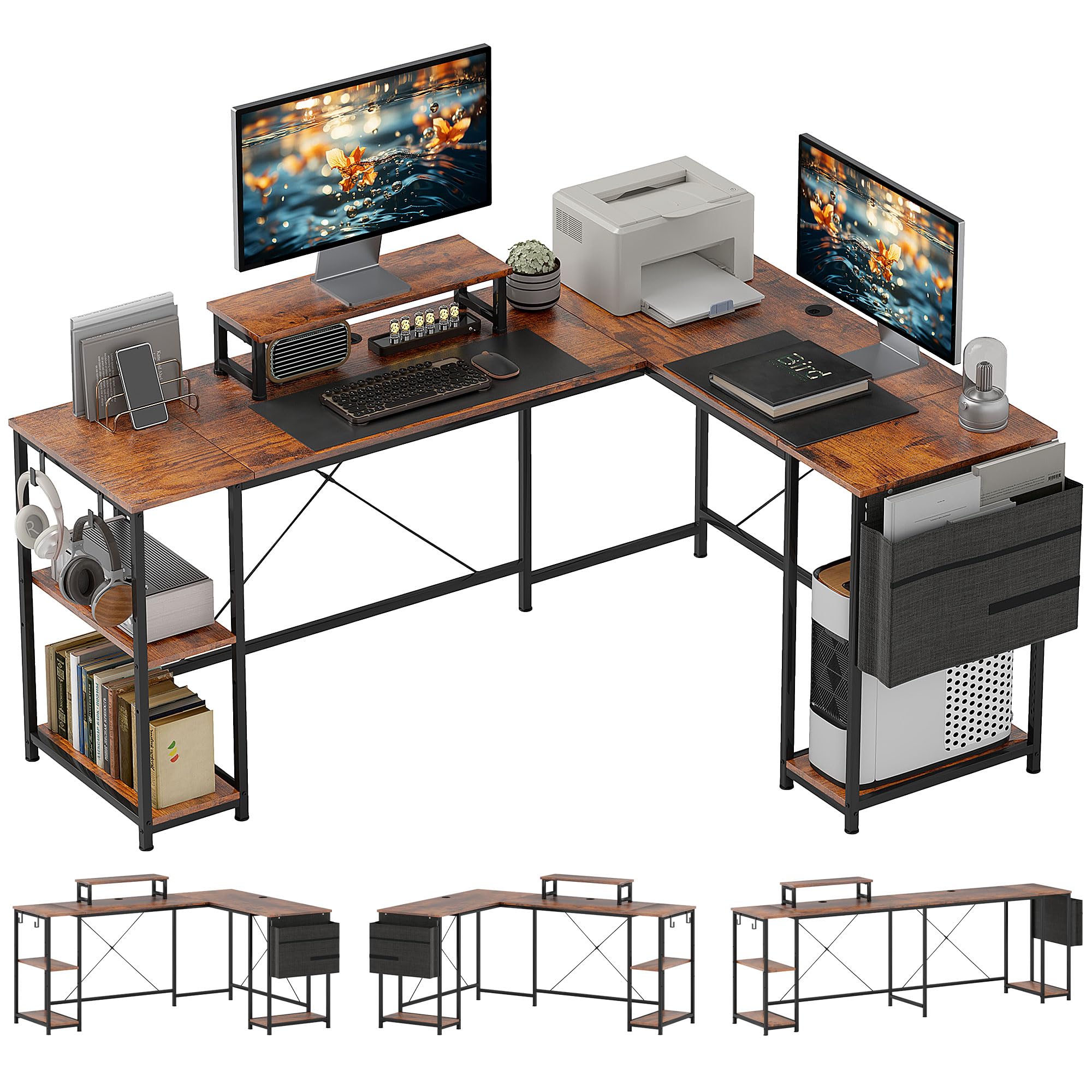 HOMCOM Bureau d'angle Réversible Étagère Réglable 168-240 cm Brun Rustique