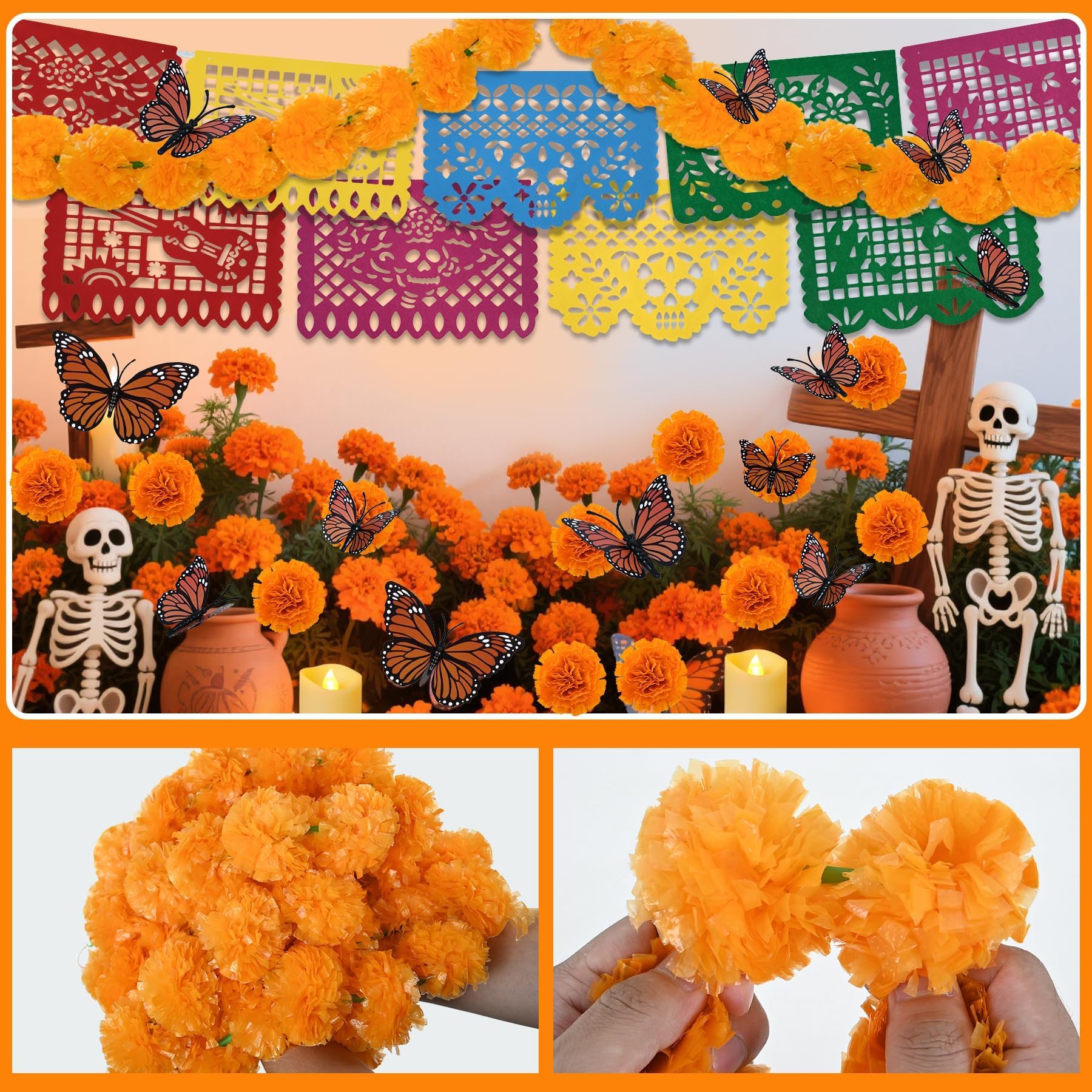 Day of the Dead Dekorationsset beinhaltet 2 Ringelblumen-Girlanden, 50 Ringelblumenblumen, 24 Schmetterlings-Dekor, 6 flammenlose Kerzen und 4,6 m mexikanische Partybanner für Dia De Los Muertos