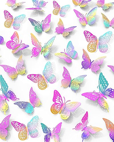 72 piezas de decoración de pared de mariposa 3D, decoraciones de mariposa rosa morado, 4 estilos, 3 tamaños, mariposas extraíbles, calcomanías de