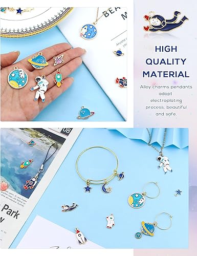 Miniatura 3 de JIALEEY Abalorio con temática espacial, chapado en oro, surtido de esmalte mixto de astronauta Júpiter, cohete, planeta, celestial, colgante para