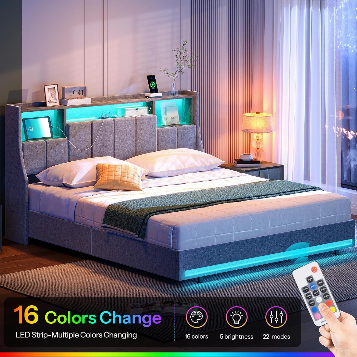 HOOBRO bed frame with LED lights displaying multiple colors, with a remote control shown in hand