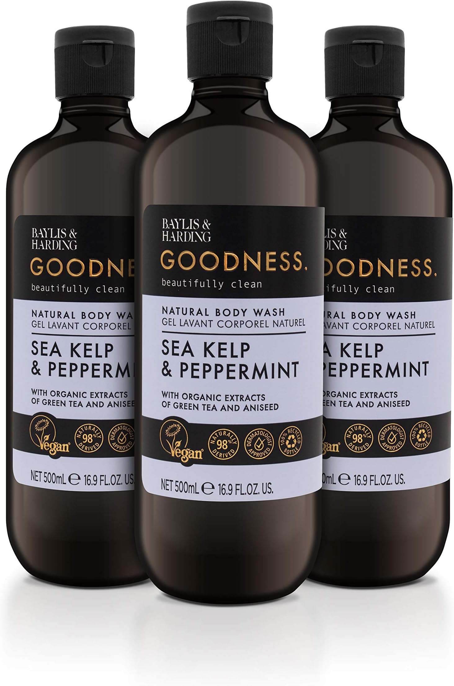 Baylis & Harding Goodness Sea Kelp & Peppermint, 500 ml Body Wash, Pack of 3
