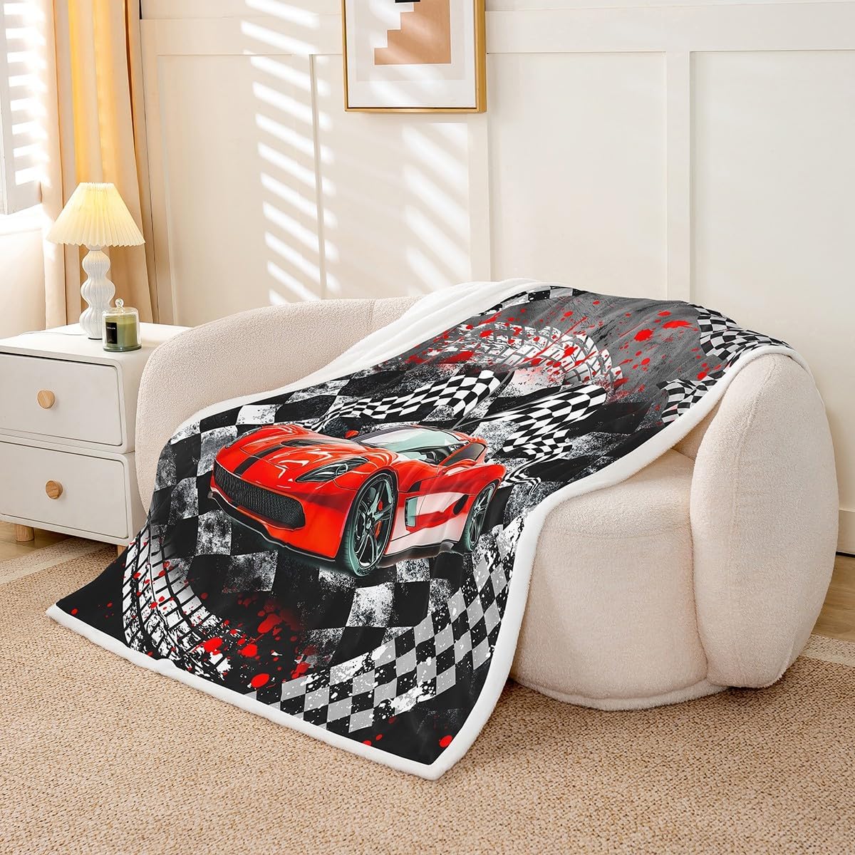 Boys Red Race Car Fleece Flannel Blanket,Speed Sports Car Bed Blanket for Bed Sofa Couch,60"x80",Fast and Furious Bed Plush Blanket,Geometric Checker Track Lightweight Blanket