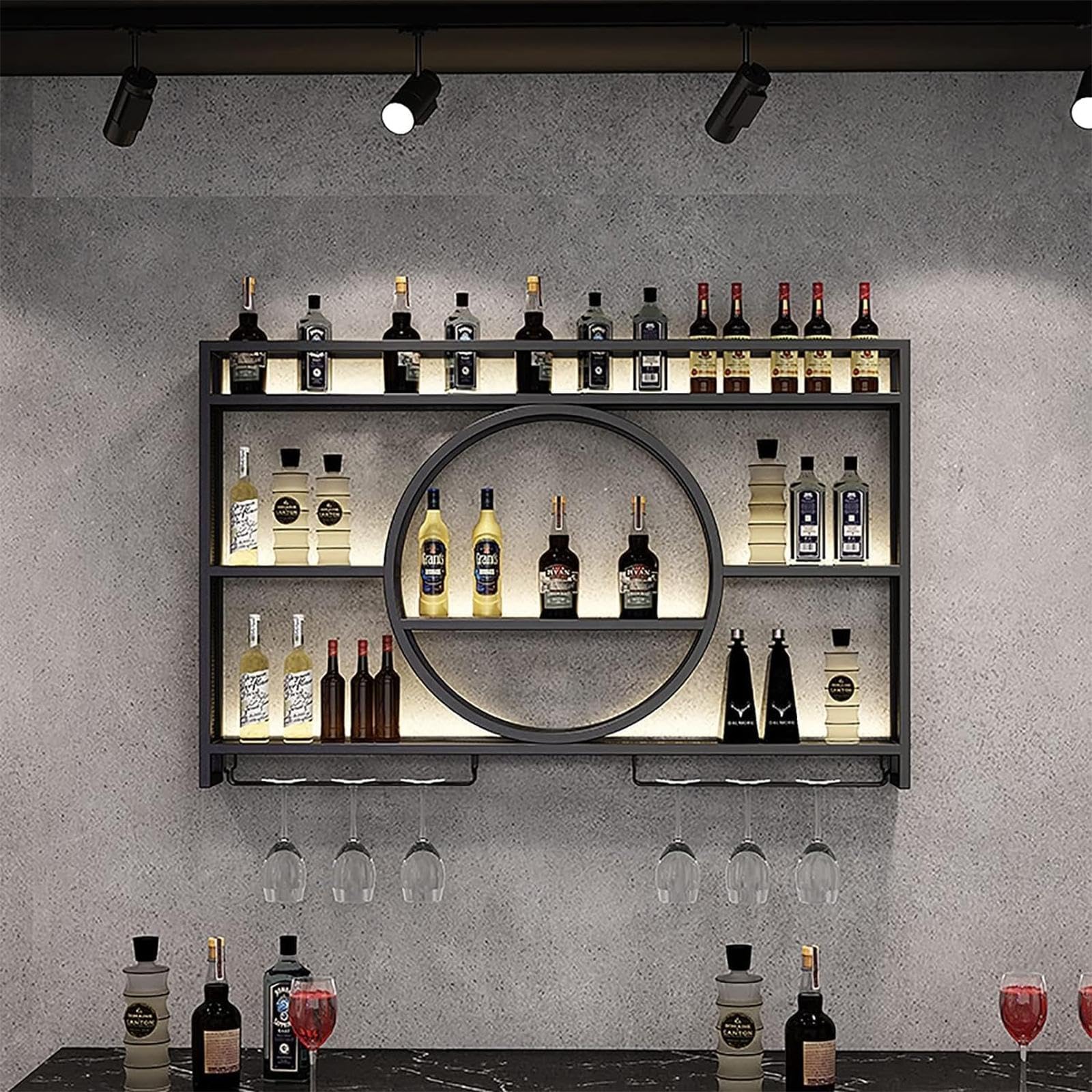 Modernes Metall Weinregal Wand, Bar-Einheit Schwebendes Regal, Weinregale Display Rack Aus Eisen, Bar Regale Wand mit Weinflaschenhalter und Glasregal für Home, Restaurant, Bars (Black,140x15x80cm)