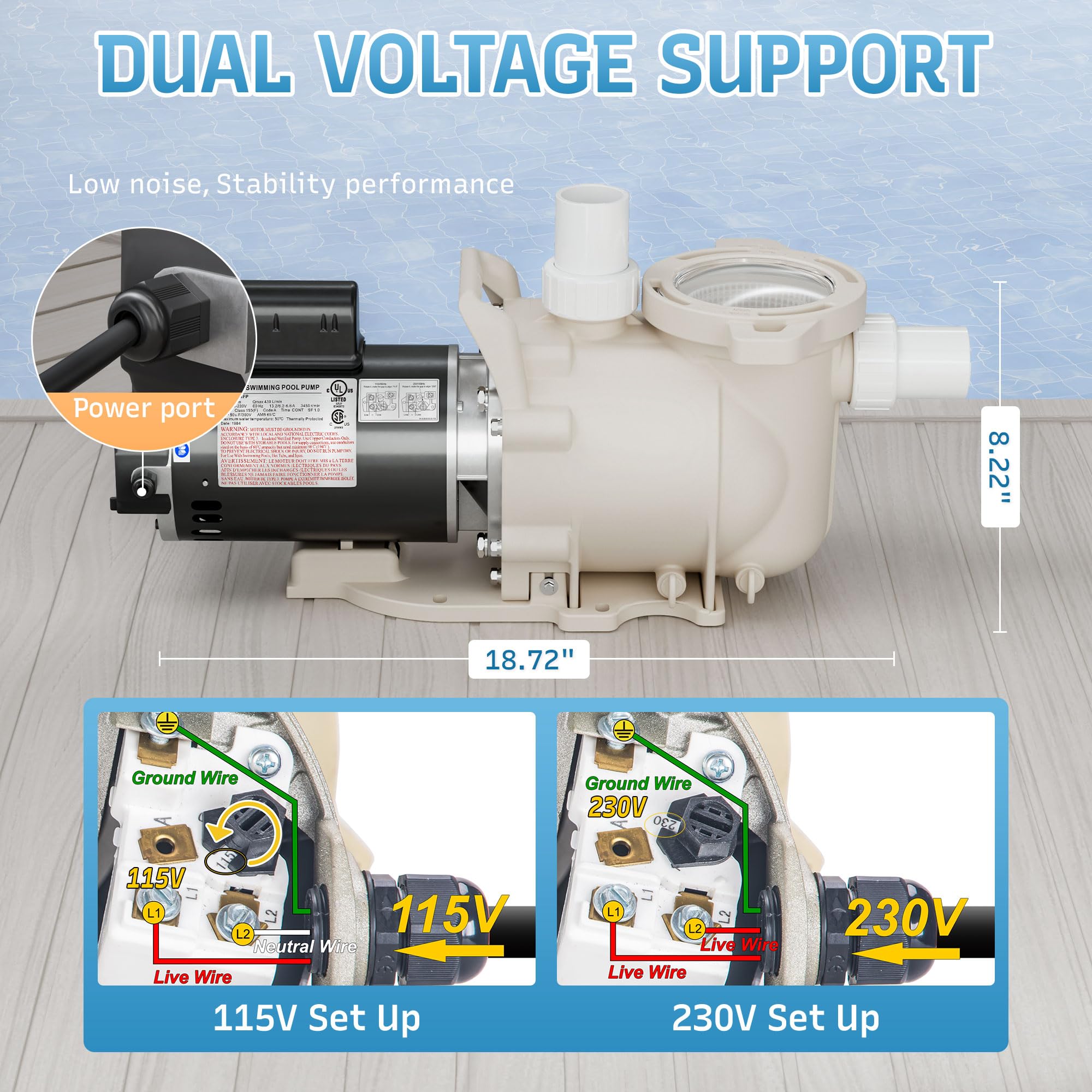 Bomba de piscina de 2 HP con cesta de filtro, 115 V/208-230 V de entrada y tierra autoprimming para piscina, 6340 GPH de alto flujo y bajo ruido, albaricoque (bomba de piscina de 2 HP)
