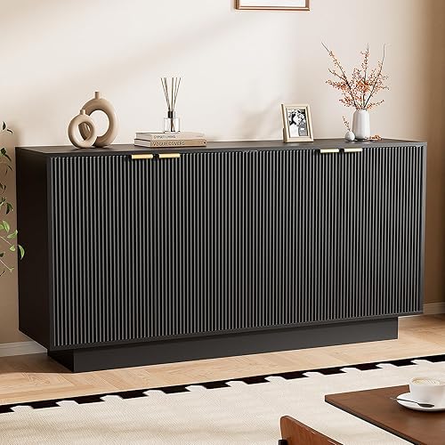 Aparador grande de 63 pulgadas, armario de buffet moderno, soporte de TV para bar de vinos con 4 puertas para comedor (negro)