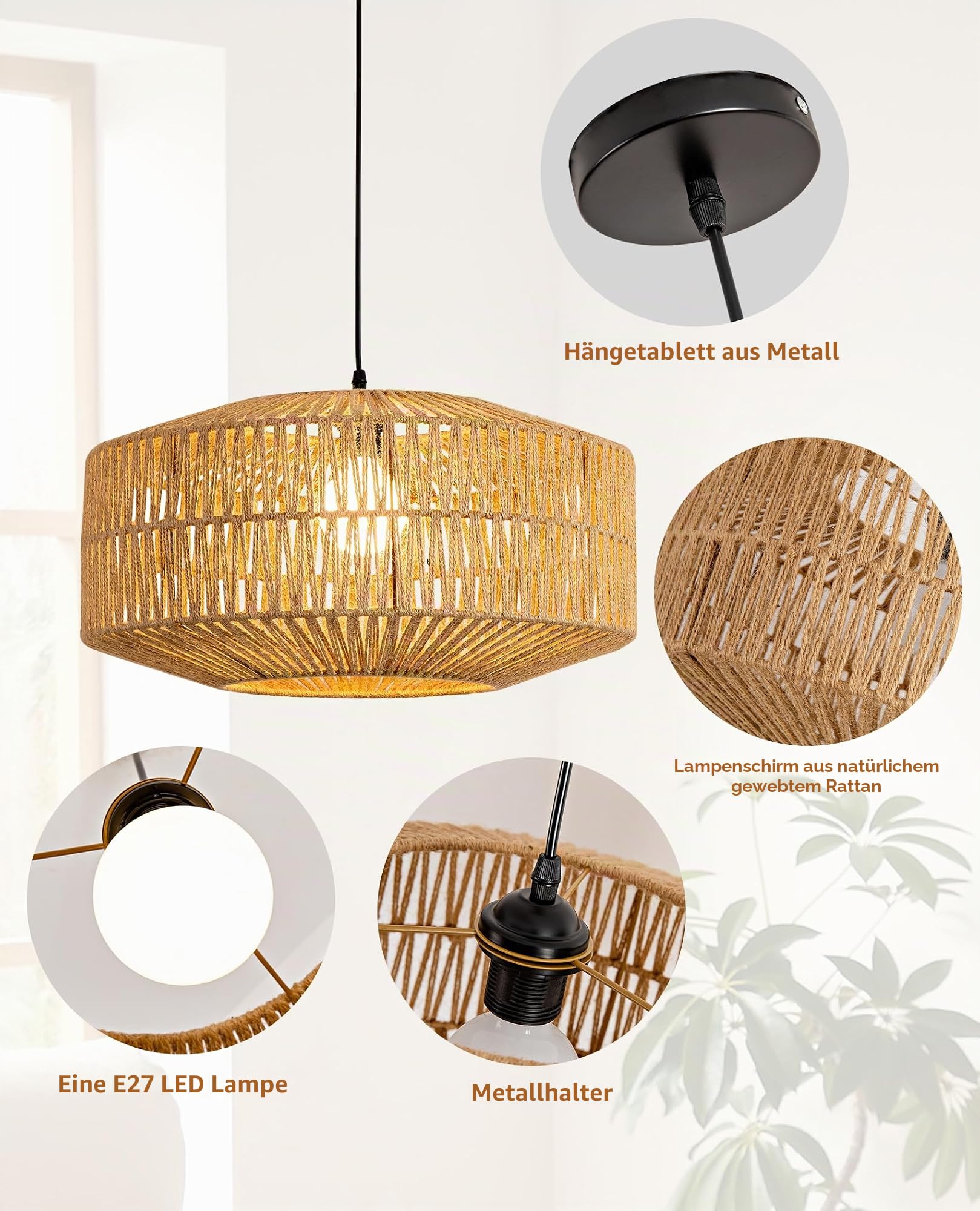 JAYNLT Pendelleuchte Rattan - Vintage Boho Pendelleuchte Hängelampe, E27 Rattan Deckenlampe Hängend, Ø30cm Hängeleuchte Geflochten für Wohnzimmer Schlafzimmer Küche