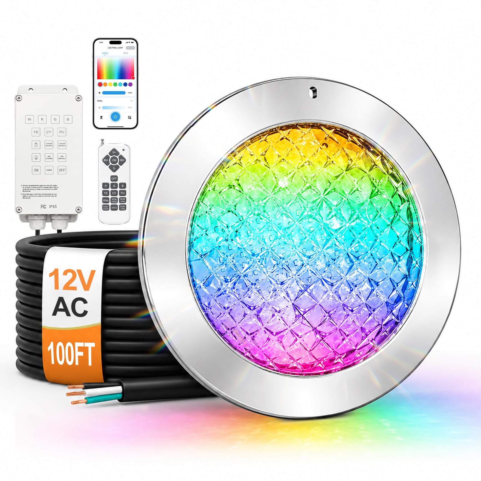 Photo 1 of 10 Inch RGBW Pool Lights for Inground Pool 100ft Cord 55W Color Changing